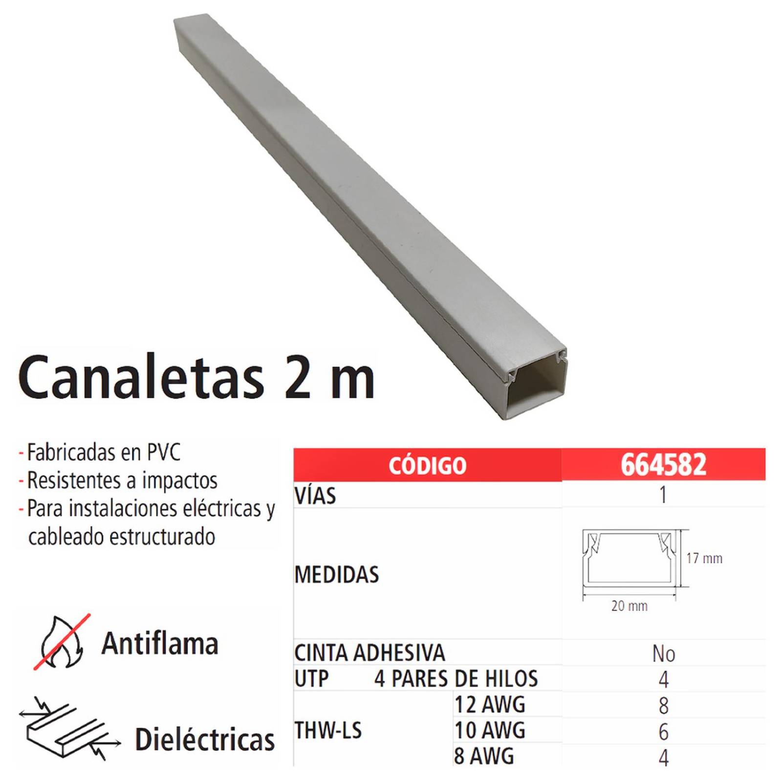 Canaleta Plástica, IUSA, PVC, 2m, 17x20mm S/A, 10 pzas 