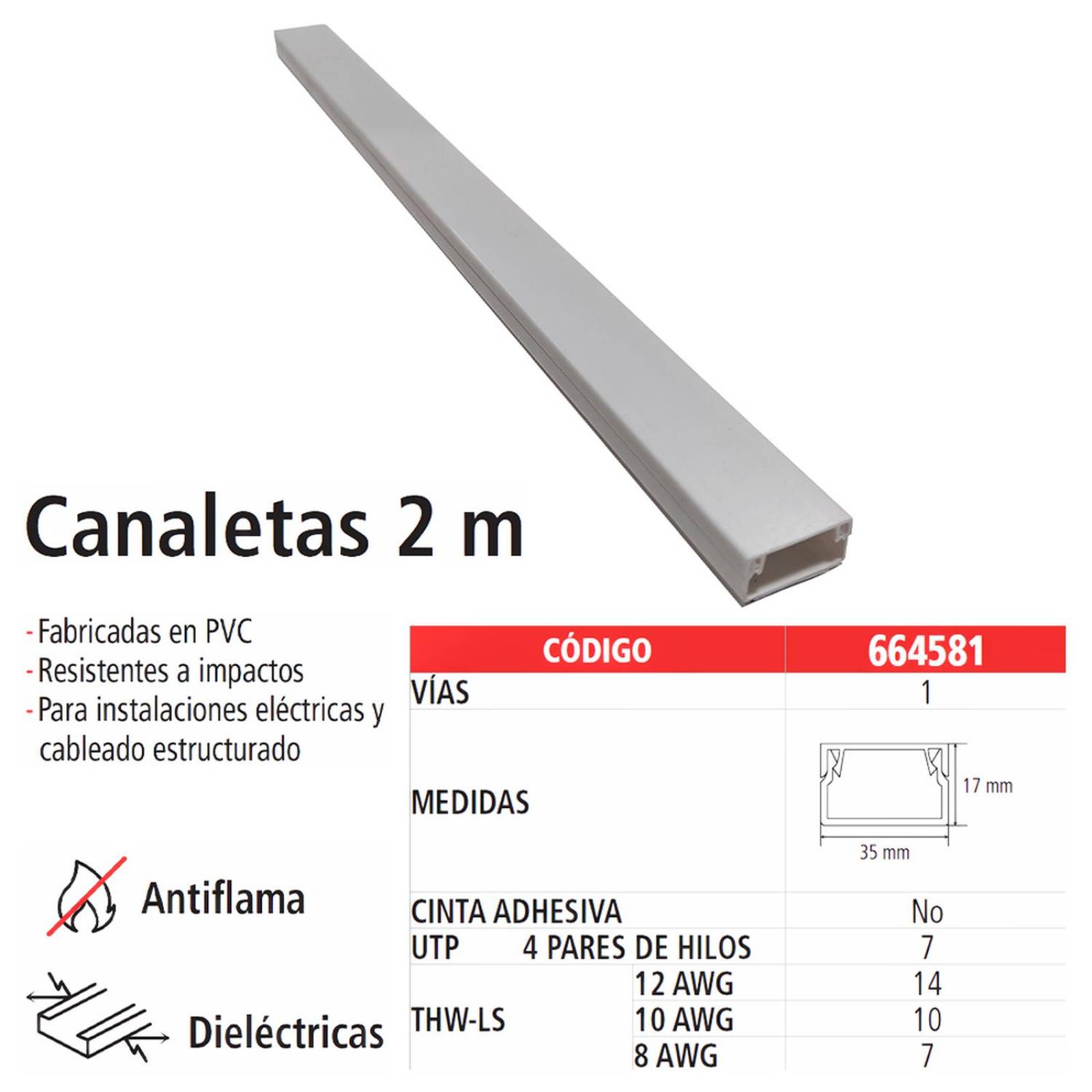 Canaleta Plástica, IUSA, PVC, 2m, 17x35mm, 10pzas