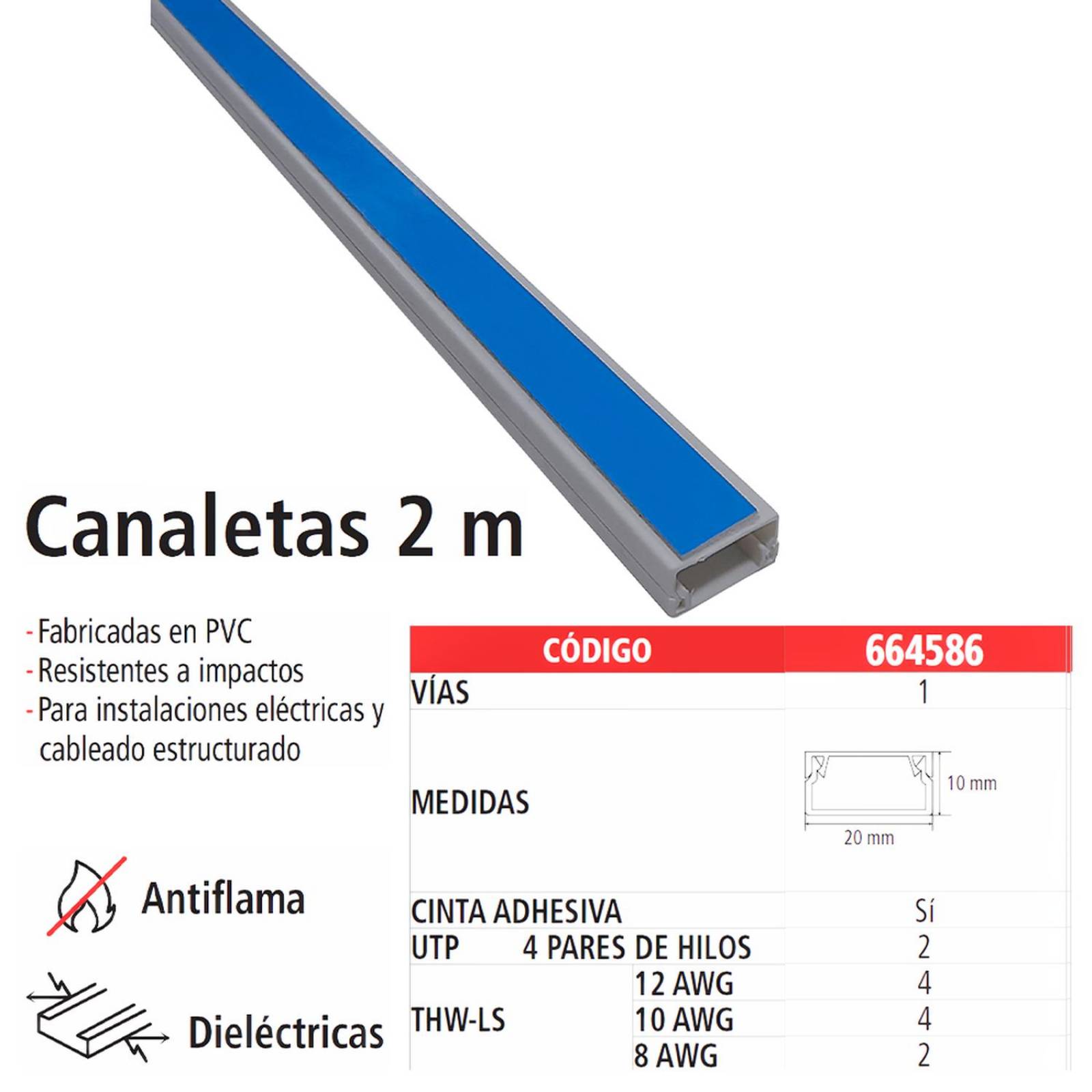 Canaleta Plástica, IUSA, PVC, 2 m, c/cinta, 10x20mm, 20pzas 