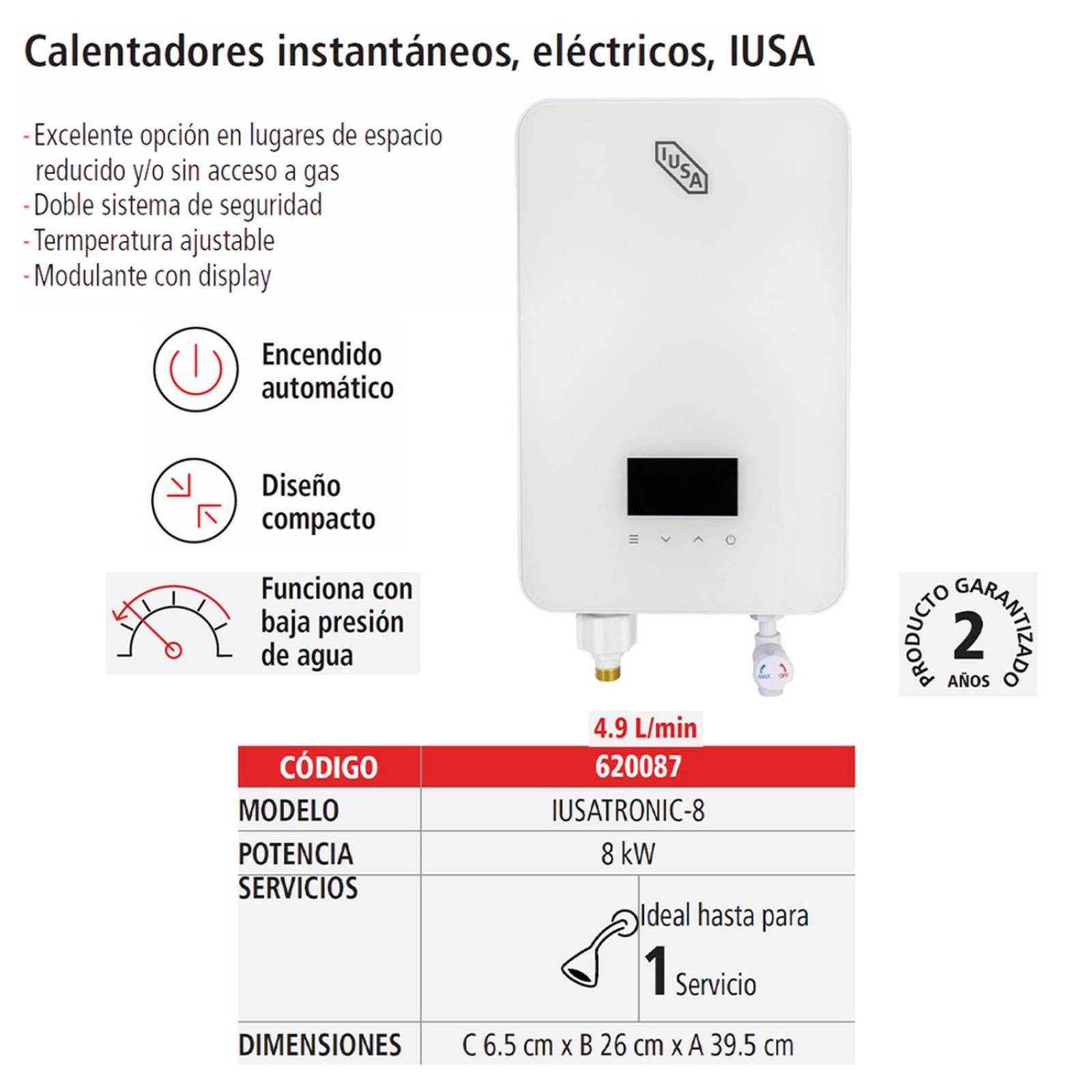 Calentador instantáneo, eléctrico, 4.9 L/min, IUSA