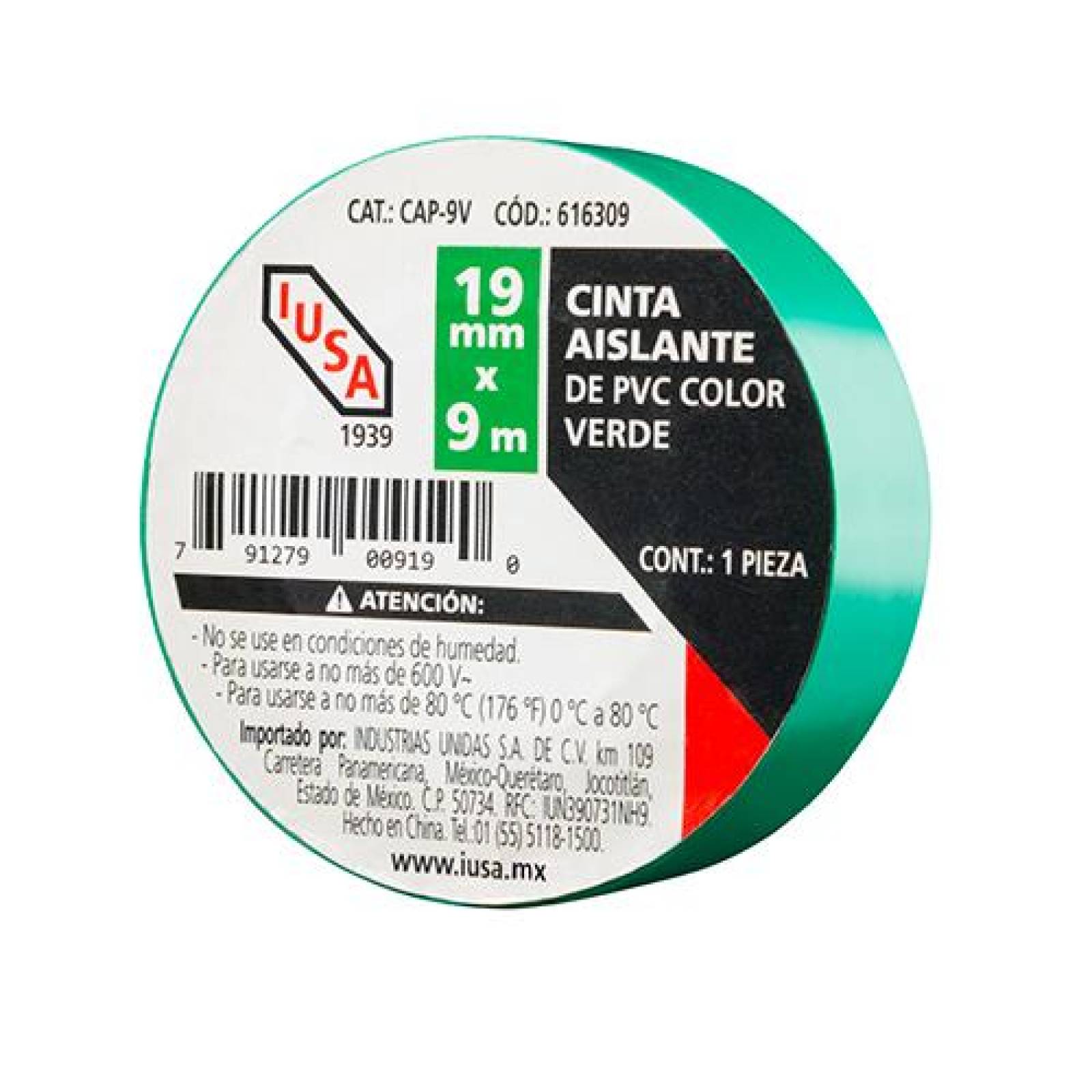 Cinta aislante 19 mm x 9 m verde 