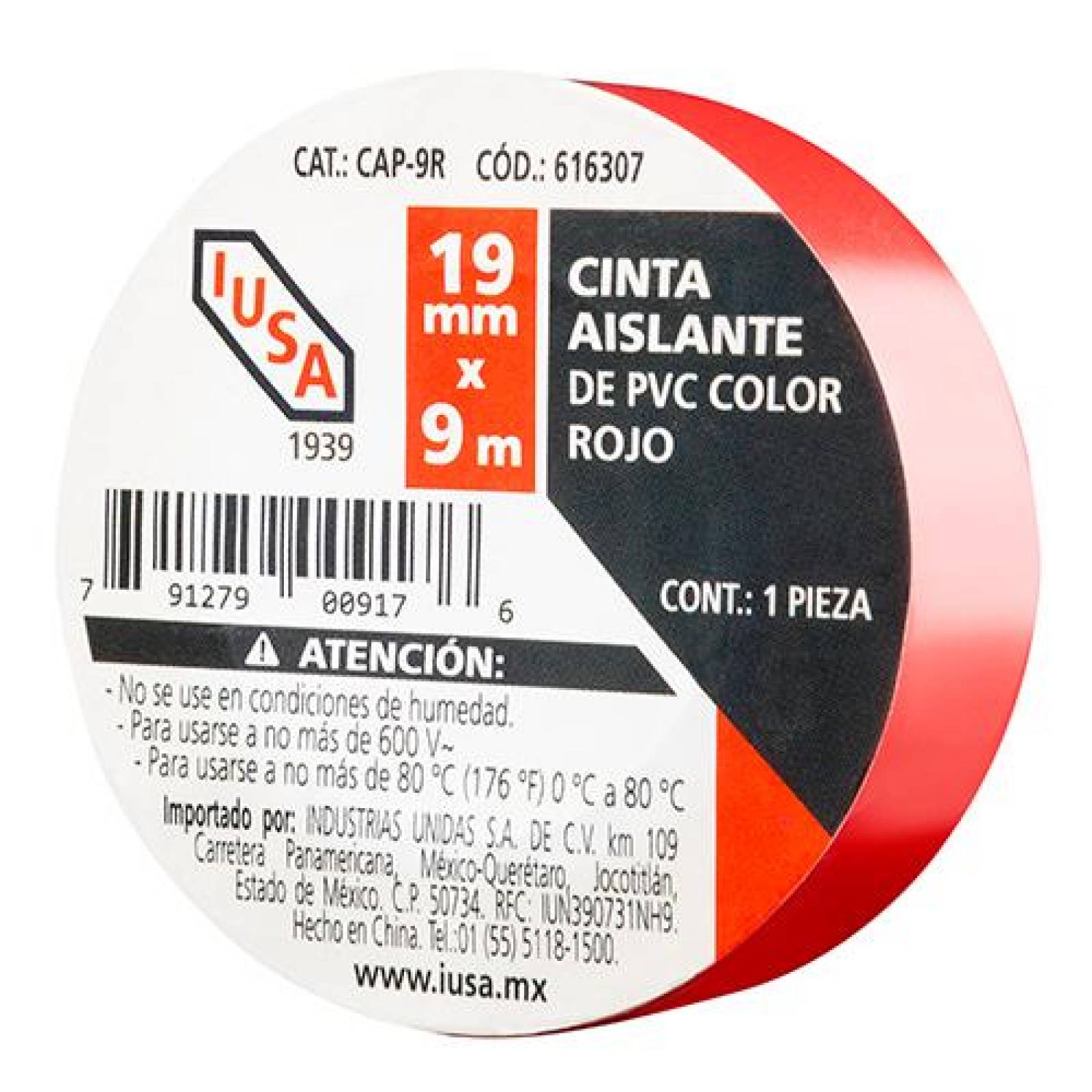 Cinta aislante 19 mm x 9 m roja 