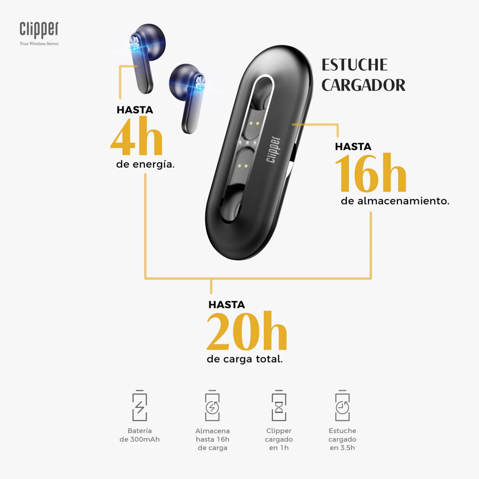 Audífonos Inalámbricos Binden Clipper Tws Delgados Metálicos Negro