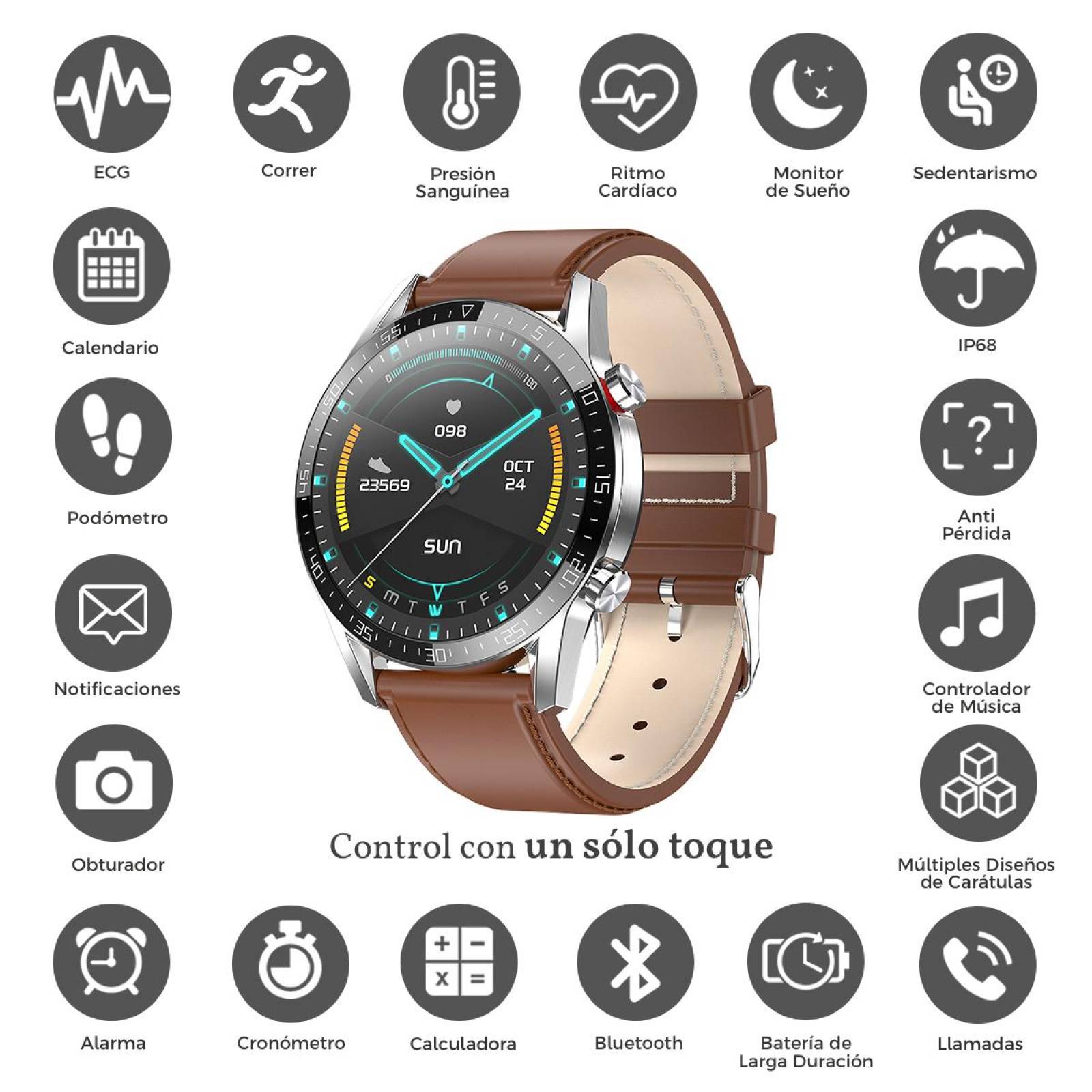Reloj Inteligente L13 para Hombre Pantalla Redonda Táctil HD Compatible Android/iOS IP68 Café