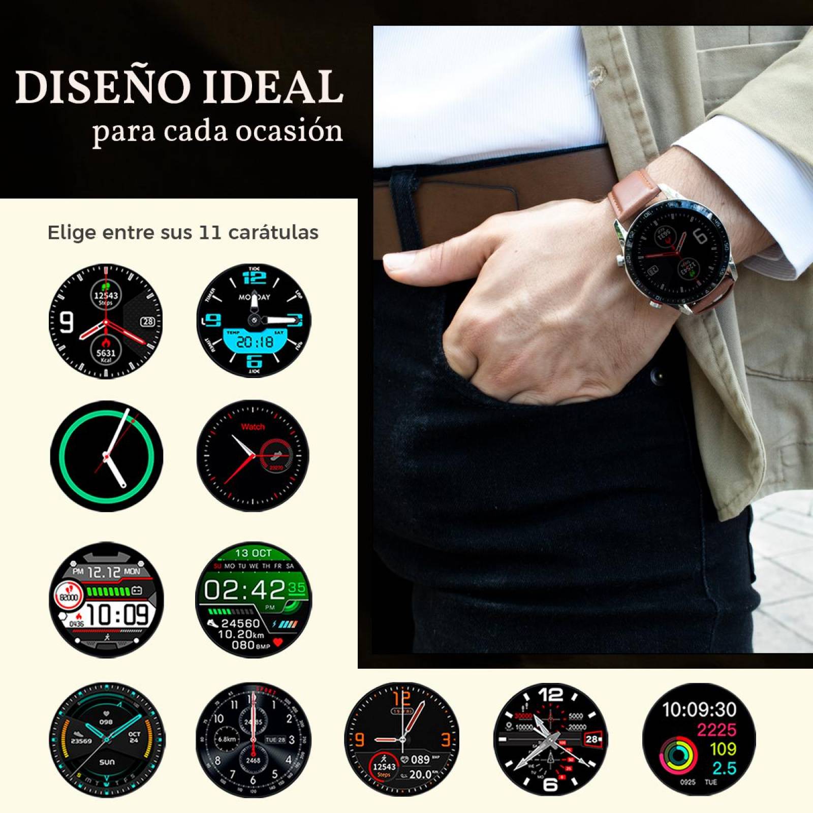 Reloj Inteligente L13 para Hombre Pantalla Redonda Táctil HD Compatible Android/iOS IP68 Café