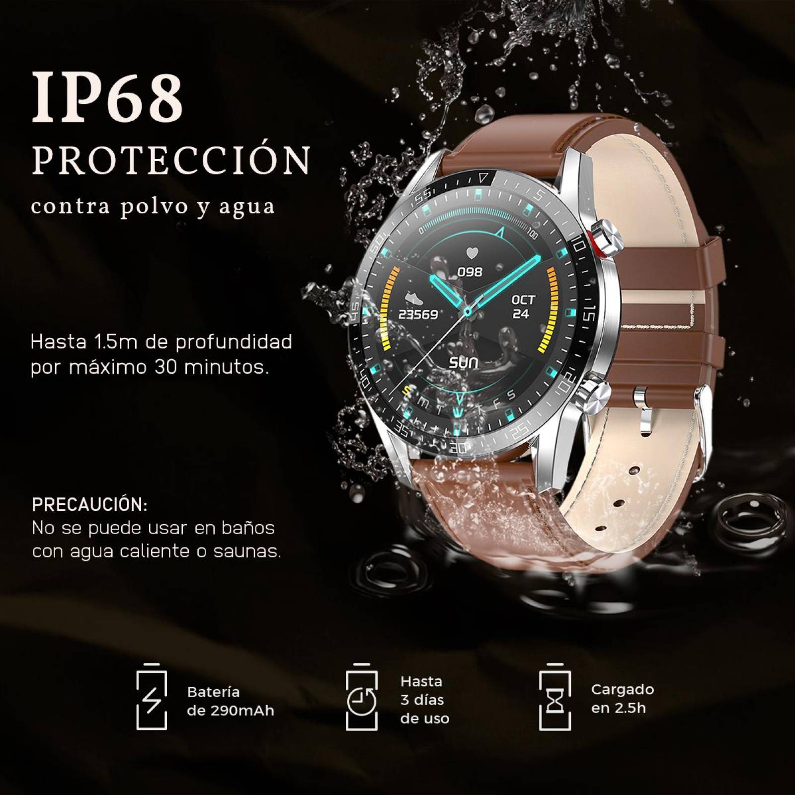 Reloj Inteligente L13 para Hombre Pantalla Redonda Táctil HD Compatible Android/iOS IP68 Café