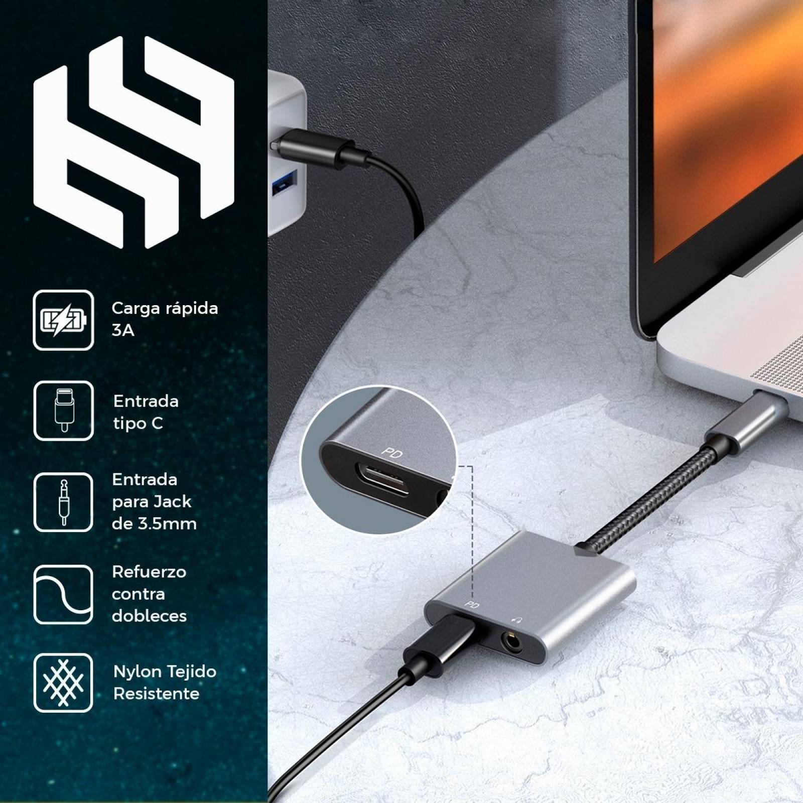 Adaptador Dual Binden 7540 Tipo C Música Y Carga 60w