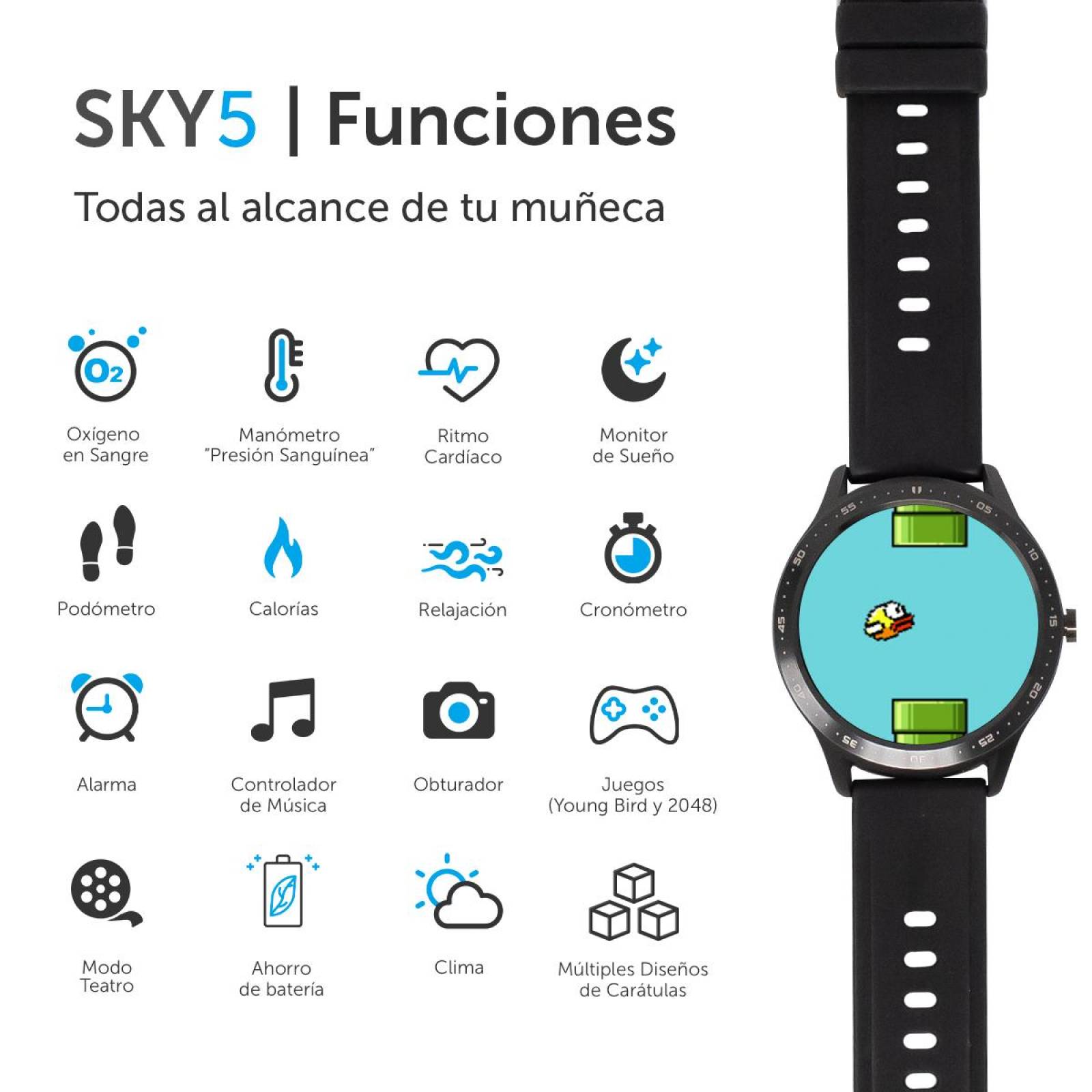 Smartwatch BINDEN SKY 5 Notificaciones, Asistente, Deportes Negro Silicón