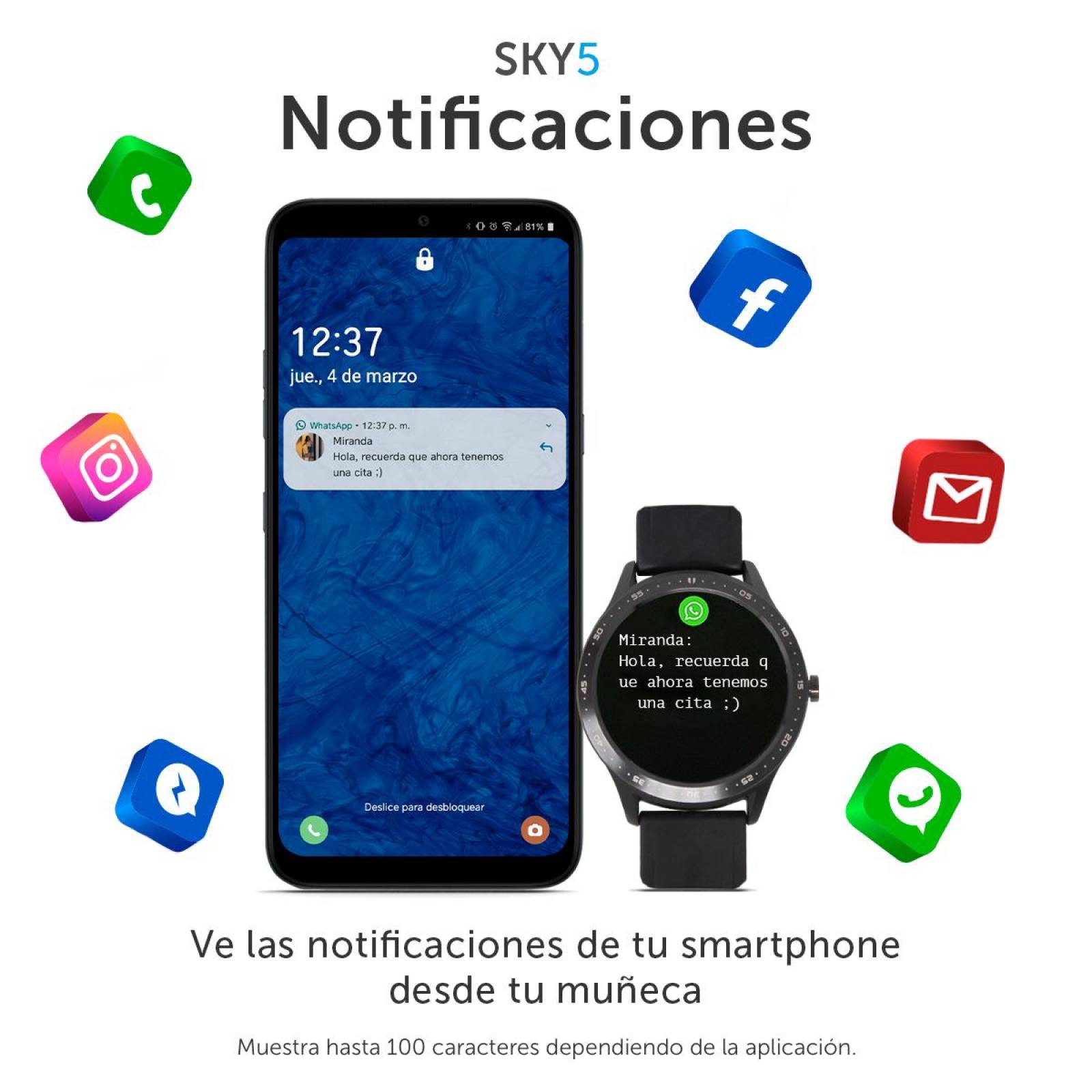 Smartwatch BINDEN SKY 5 Notificaciones, Asistente, Deportes Negro Silicón