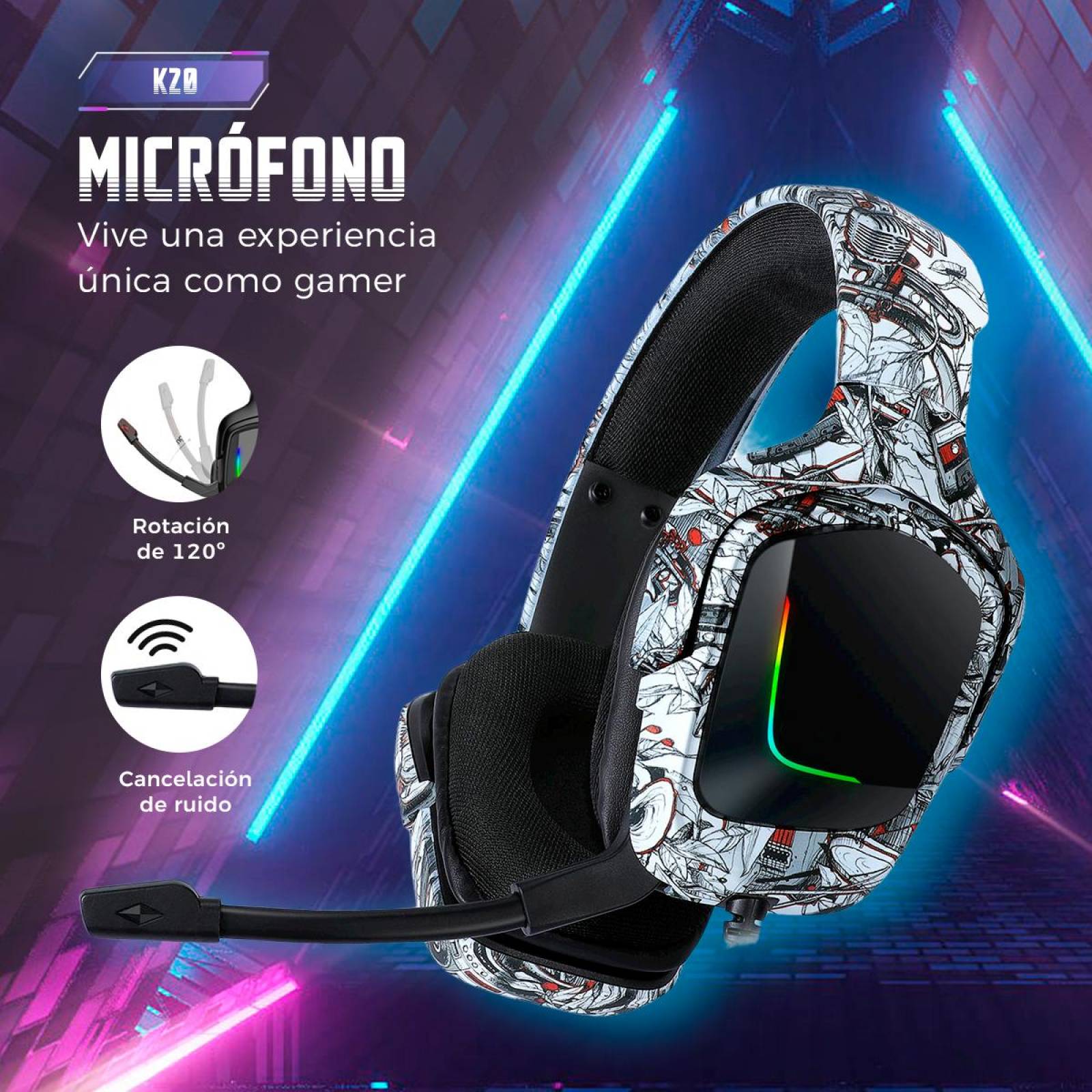 Audífonos Gamer BINDEN K20 LED Cancelación de Ruido Blanco