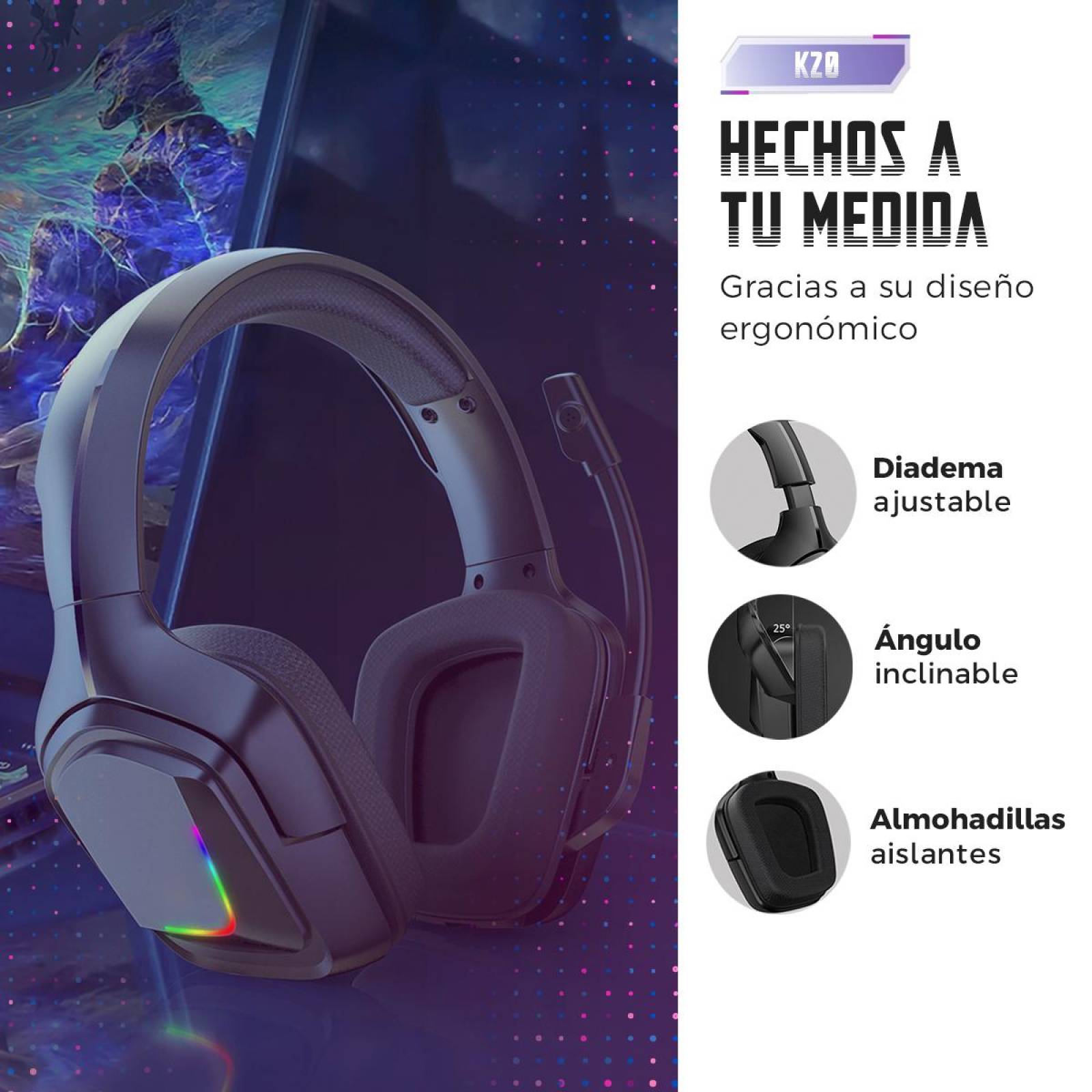 Audífonos Gamer BINDEN K20 LED Cancelación de Ruido Blanco