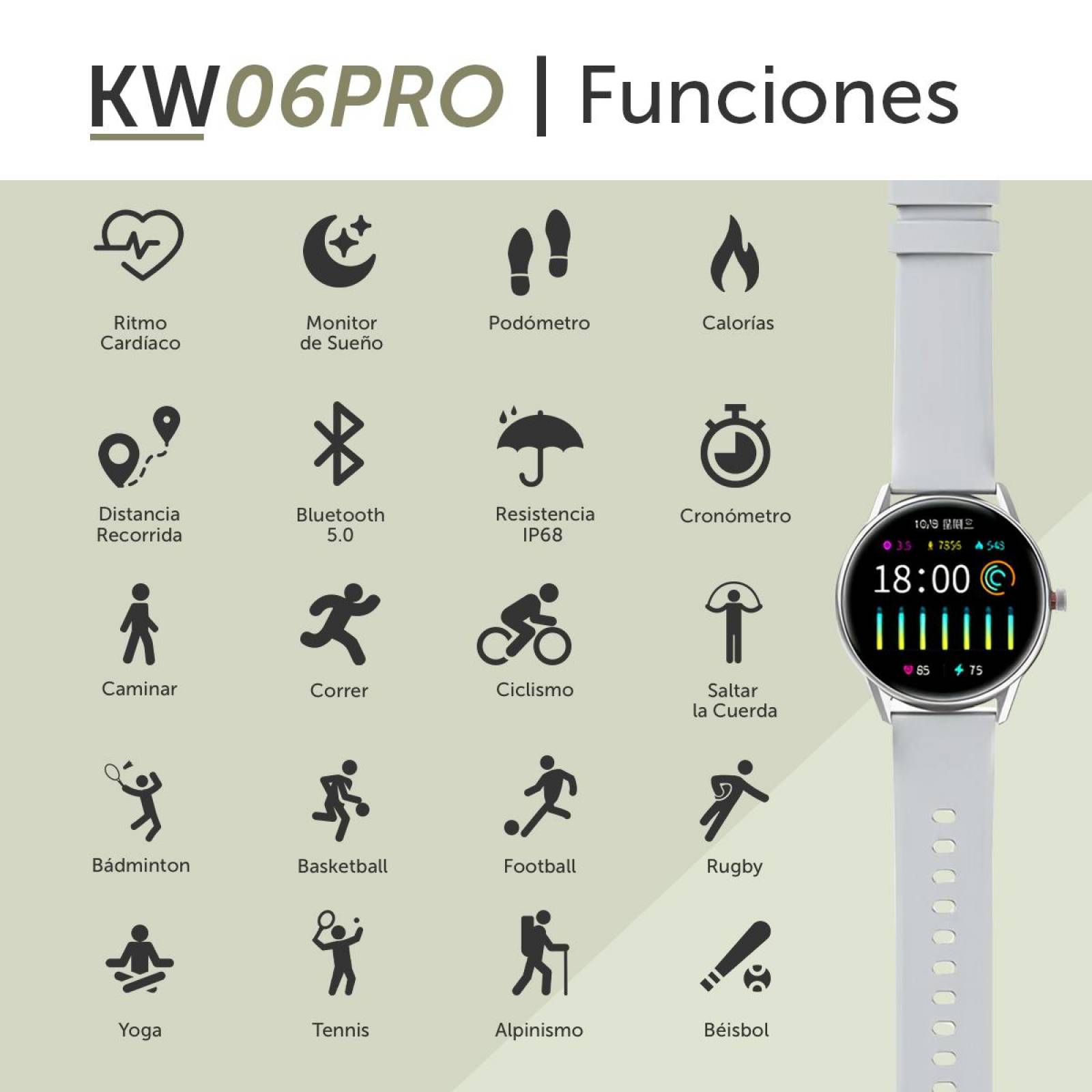Smartwatch BINDEN KW06Pro Salud Deportes IP68, Android/iOS Negro