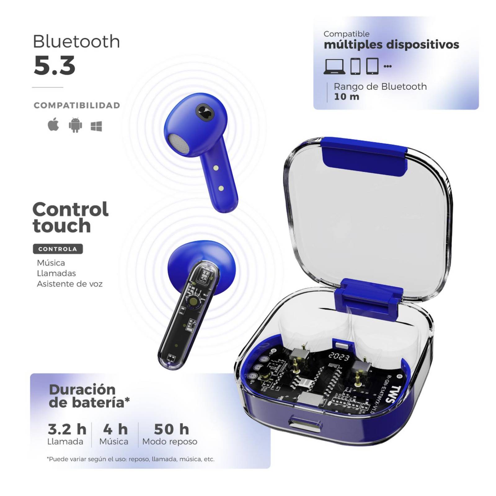 Smartwatch Binden Kulest Kit Reloj Inteligente + Audífonos Azul