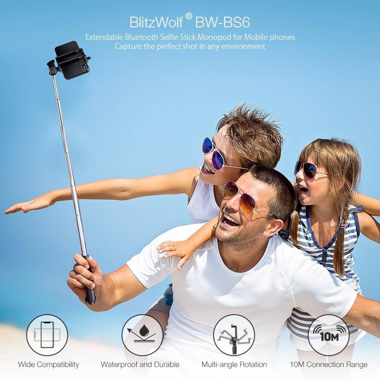 Selfie Stick Bluetooth BS6 Rotación Multiángulo para iOS y Android Compatible hasta 65 Negro 