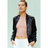 Bomber Jacket En Tela Satinada Color Negro