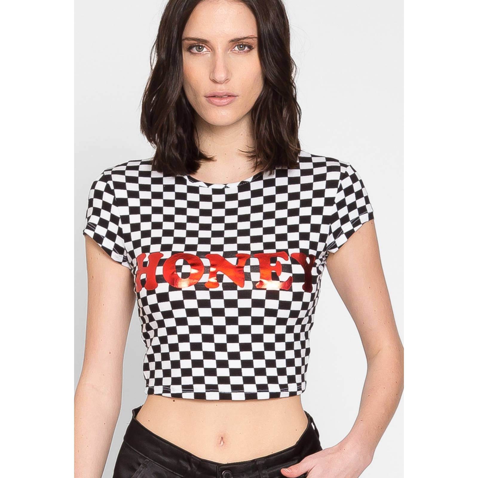 Crop top a cuadros con estampado "honey"