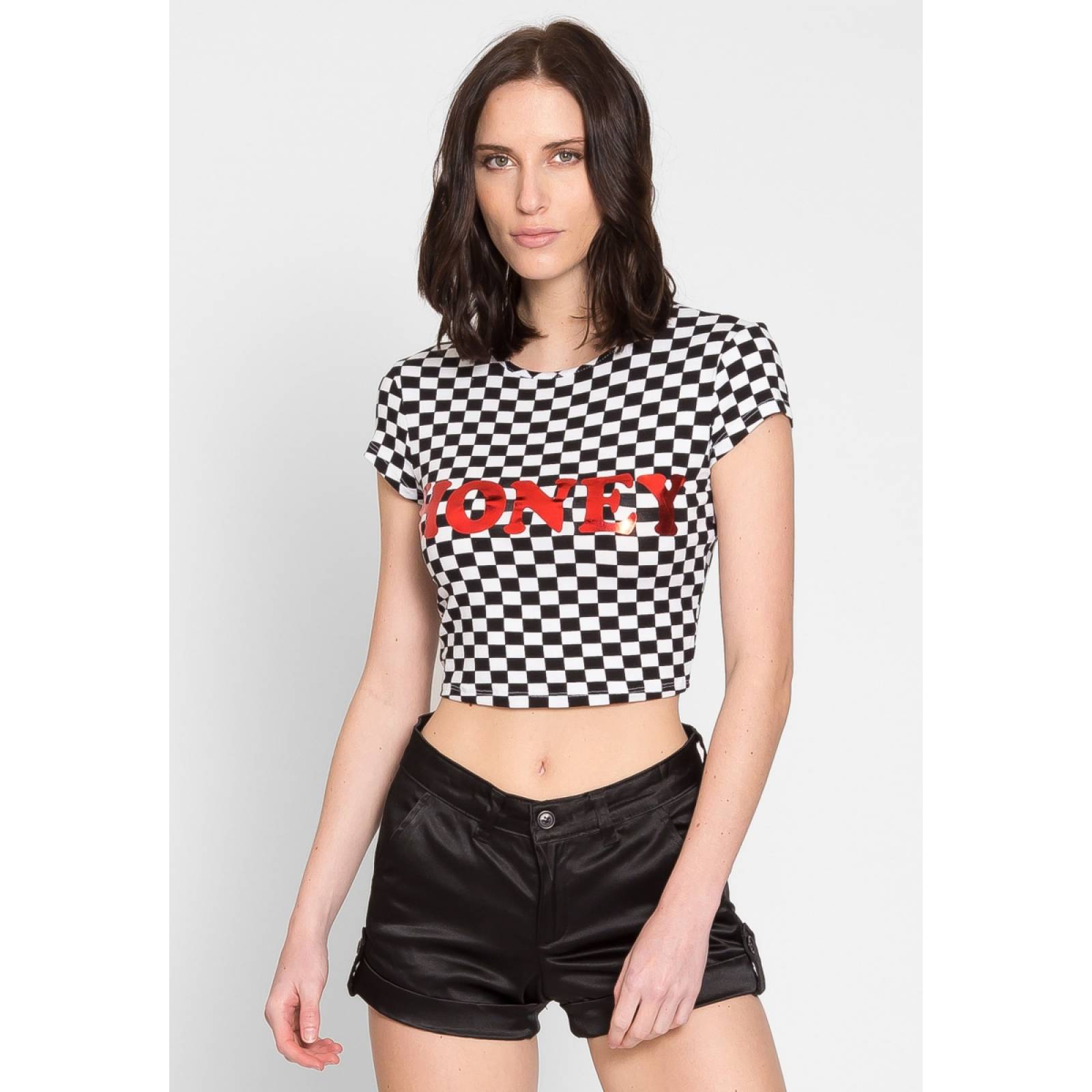 Crop top a cuadros con estampado "honey"