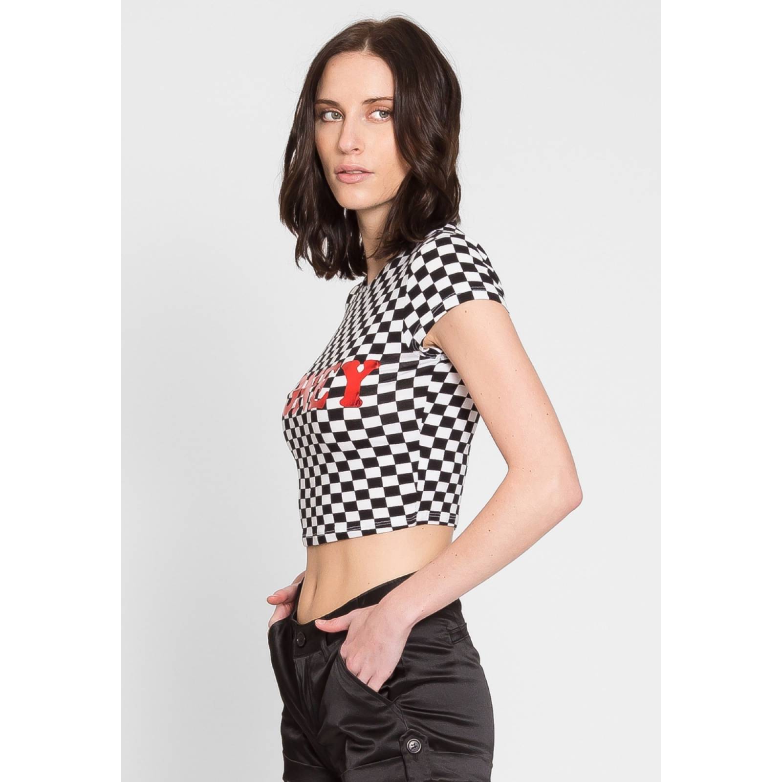 Crop top a cuadros con estampado "honey"