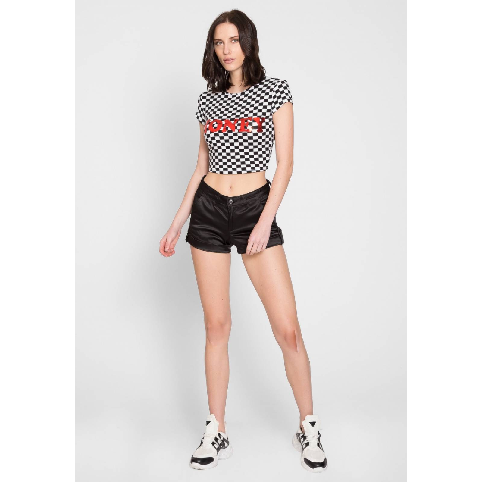 Crop top a cuadros con estampado "honey"