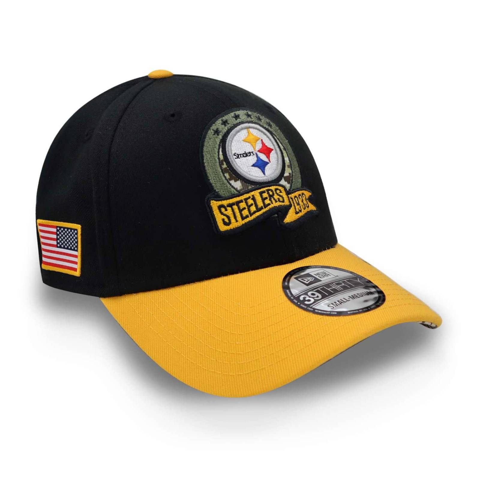 Gorra New Era 39 Thirty NFL Salute To Service 22 Steelers Negro Cerrada M/G