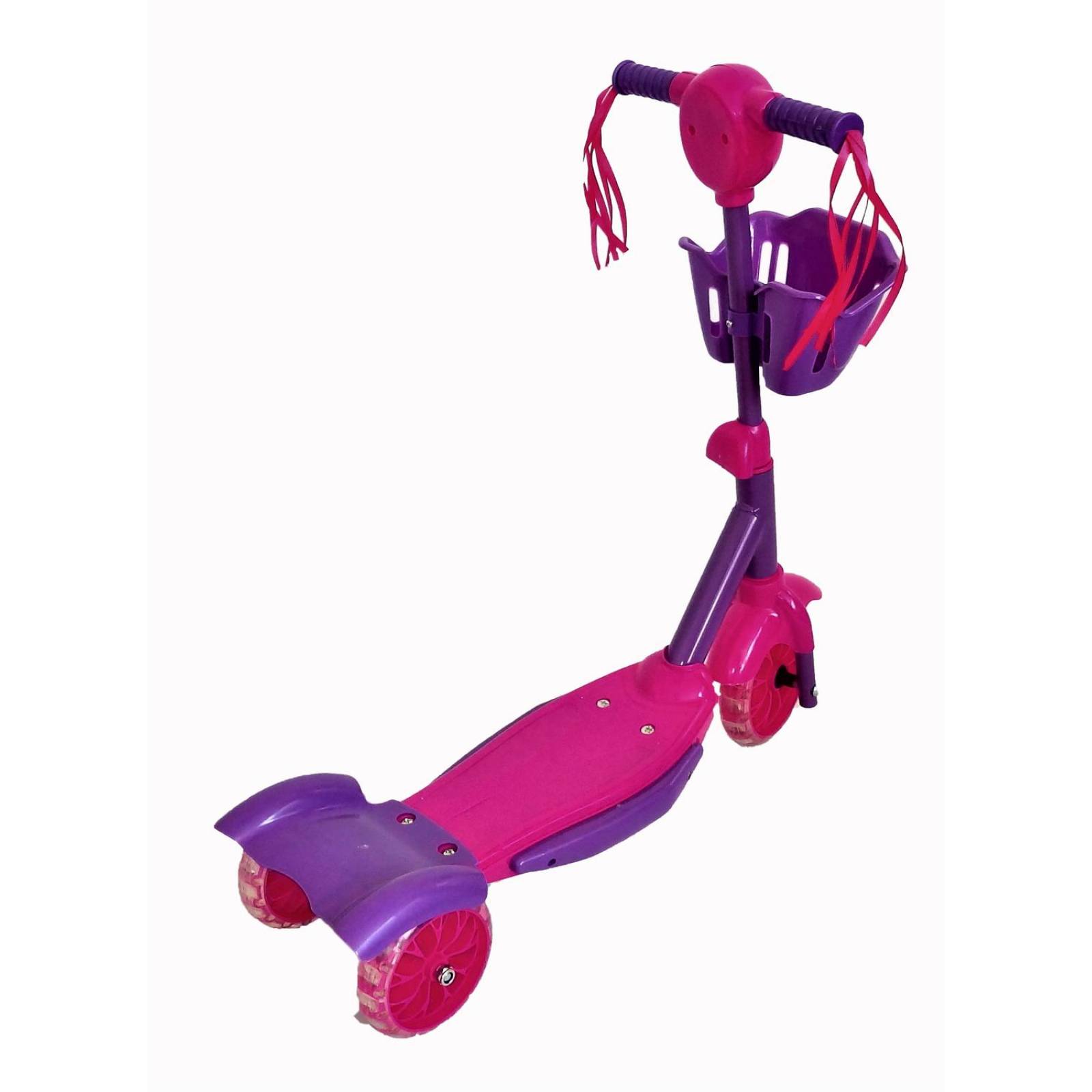 Patin del diablo con llantas tipo gel led, canastilla y musical Rosa con Morado