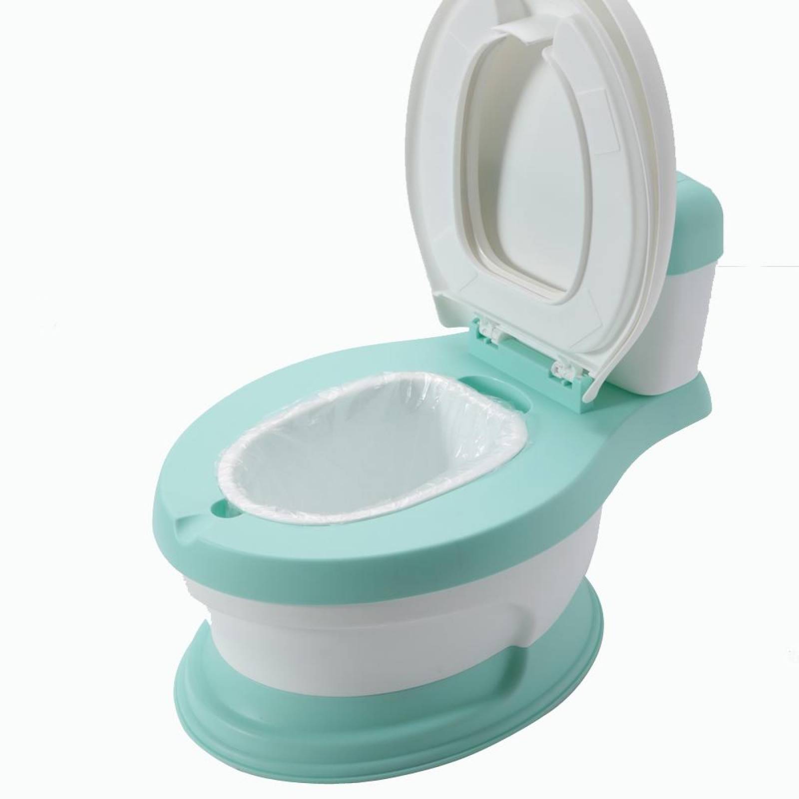 Baño entrenador con asiento acojinado con tapa y recipiente Verde