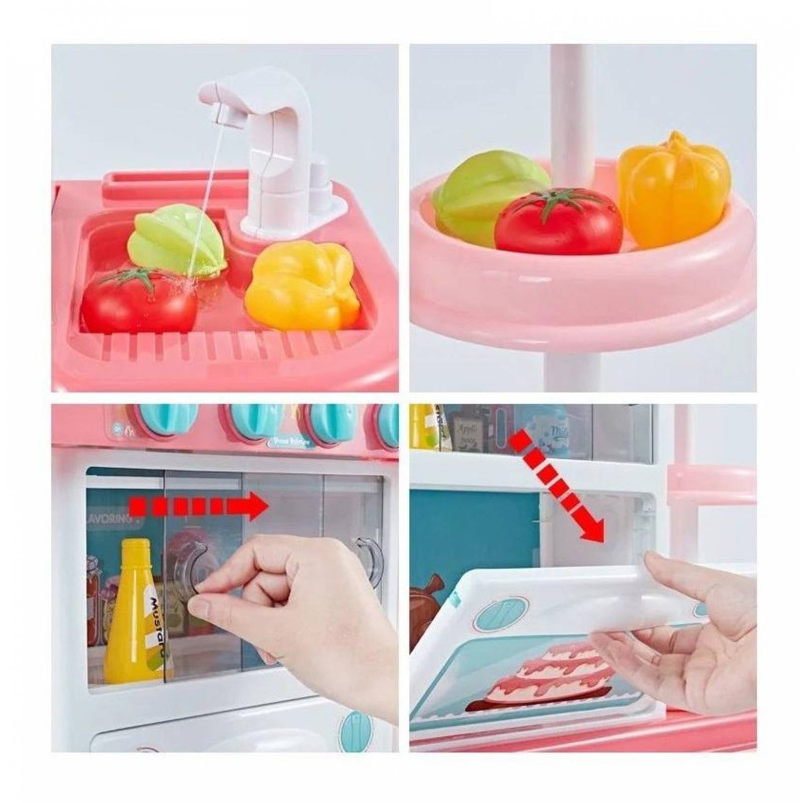 Cocinita Infantil de Juguete con agua y vapor 65 pzs, 93.5cm Alto Rosa