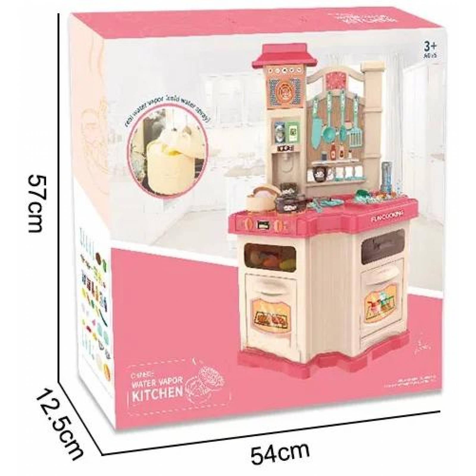 Cocinita Infantil con luz, sonido, agua y vapor 39 pzs,77cm alto Rosa