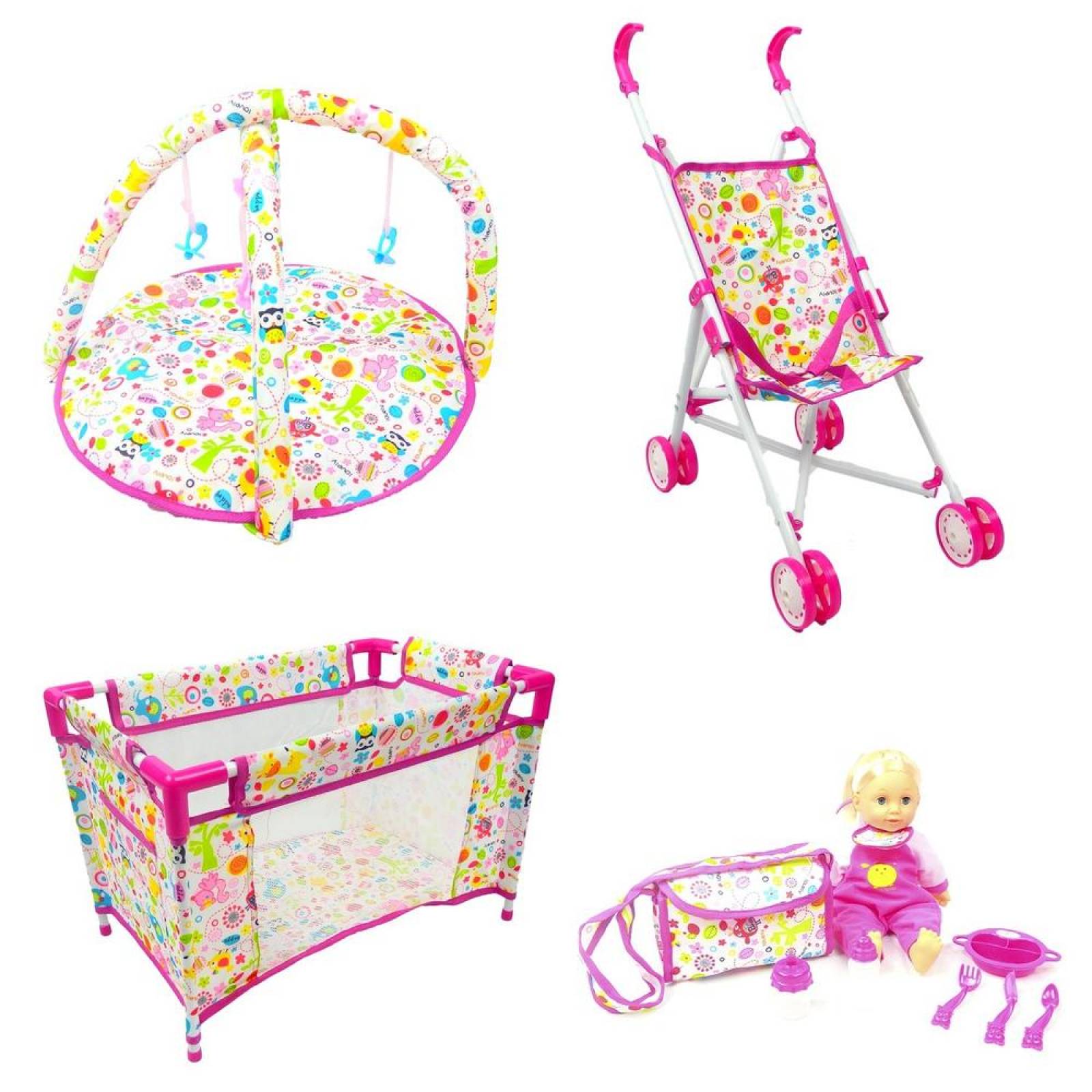 Carriola, Muñeca, Corral y Pañalera de juguete  - Rosa