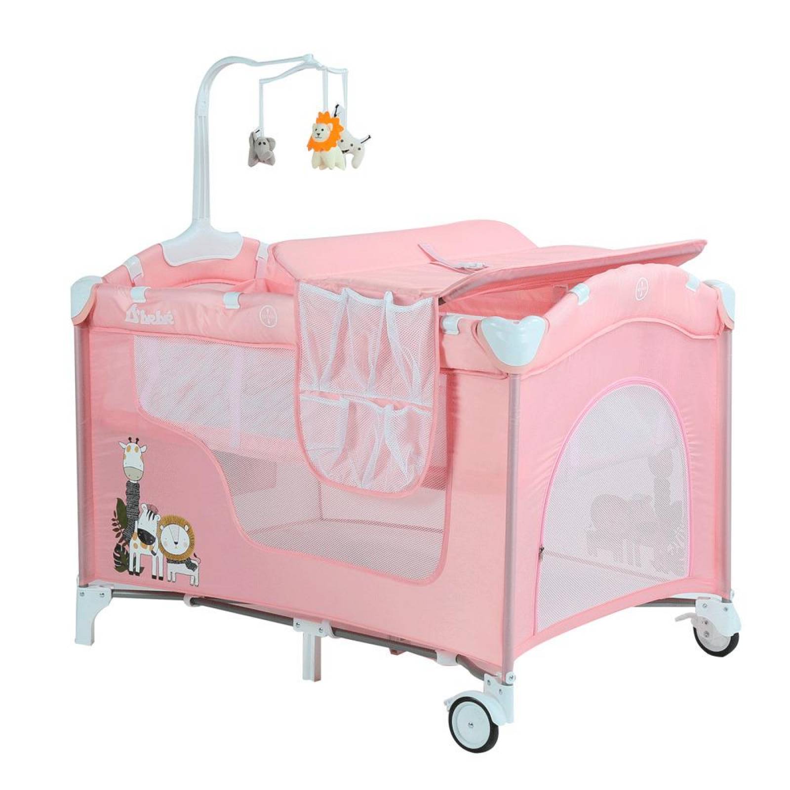 Corral para Bebe con Cambiador D'Bebe con Movil,Altura Ajustable  - Rosa