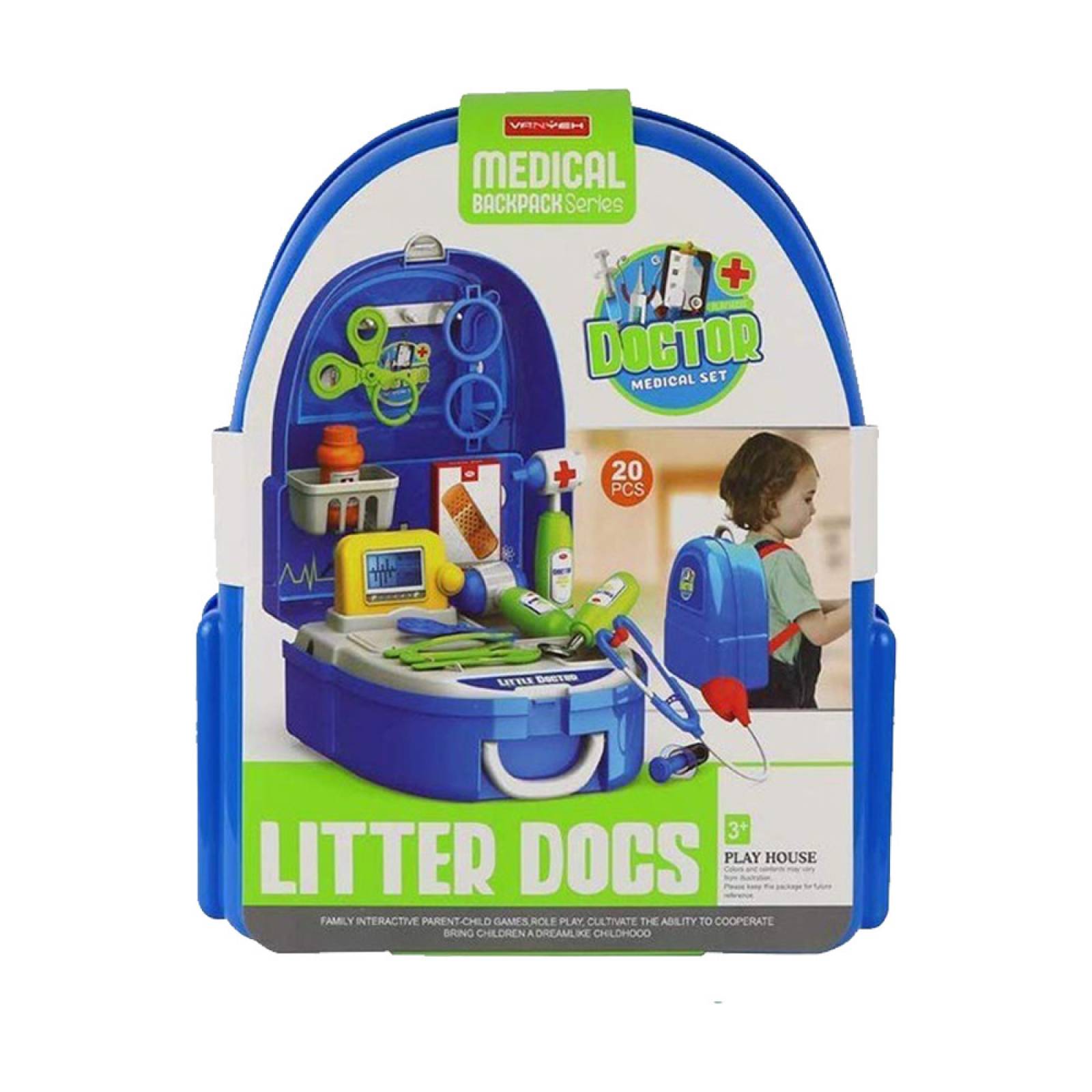 Mochila Juguete Doctor Portátil Correas 19 Accesorios  - Azul