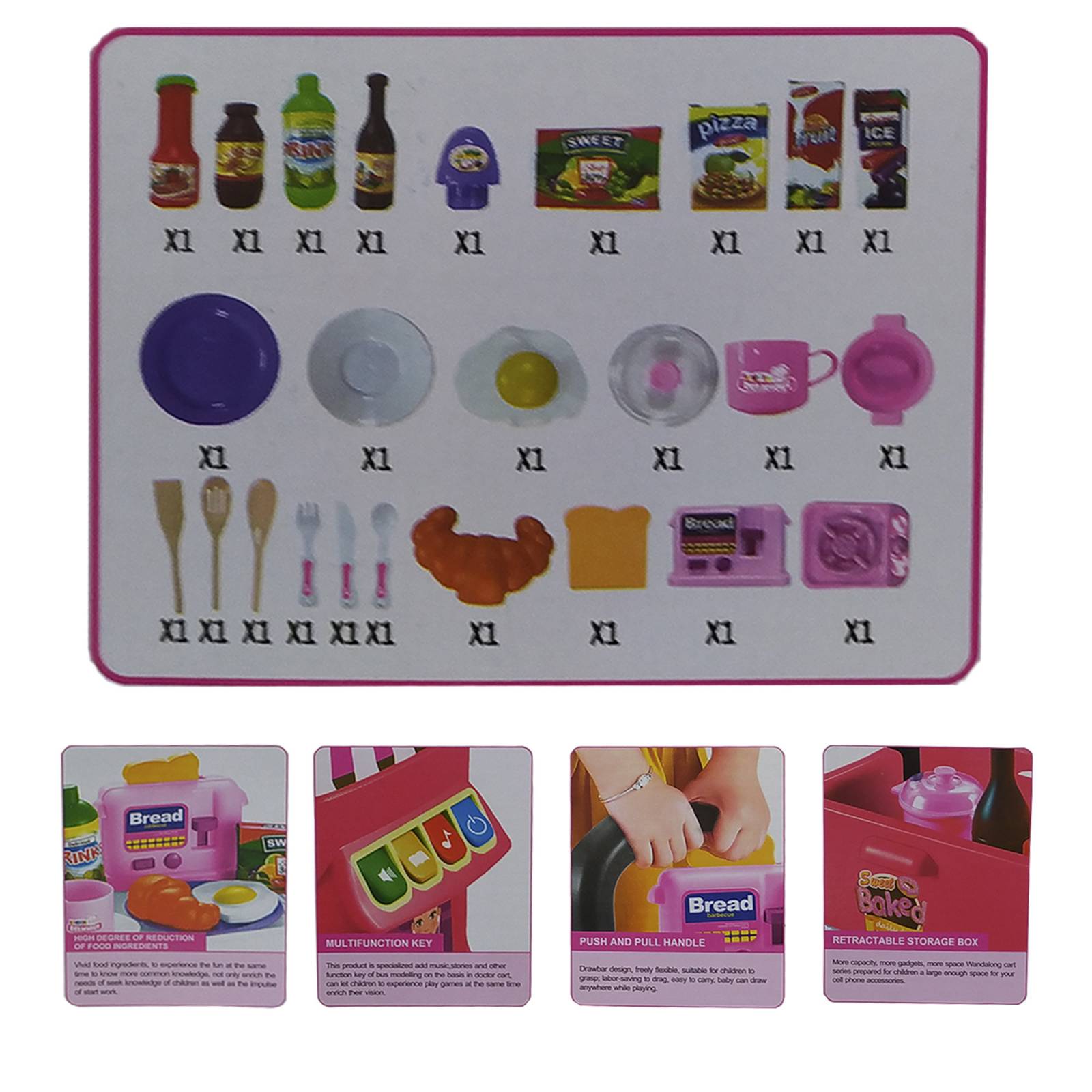 Carrito de Comida Juguete con Sonidos 41 Accesorios  - Rosa