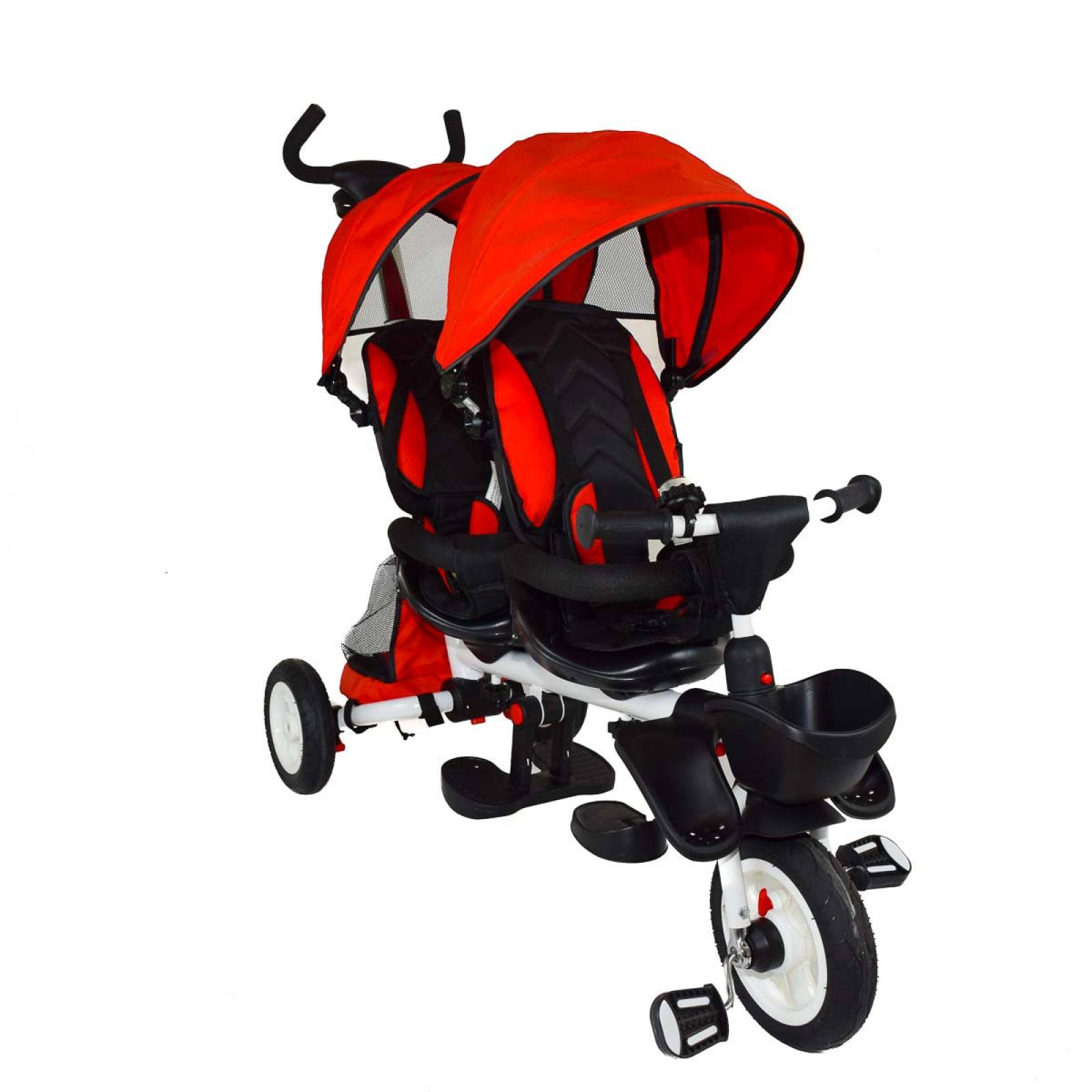 Triciclo Doble para Niños Asientos Giratorios Bastón Dirigible Timbre  - Rojo