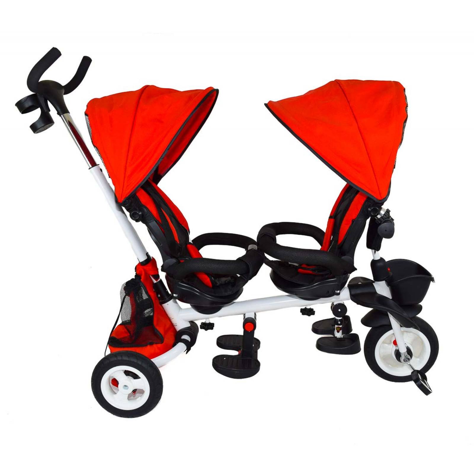 Triciclo Doble para Niños Asientos Giratorios Bastón Dirigible Timbre  - Rojo