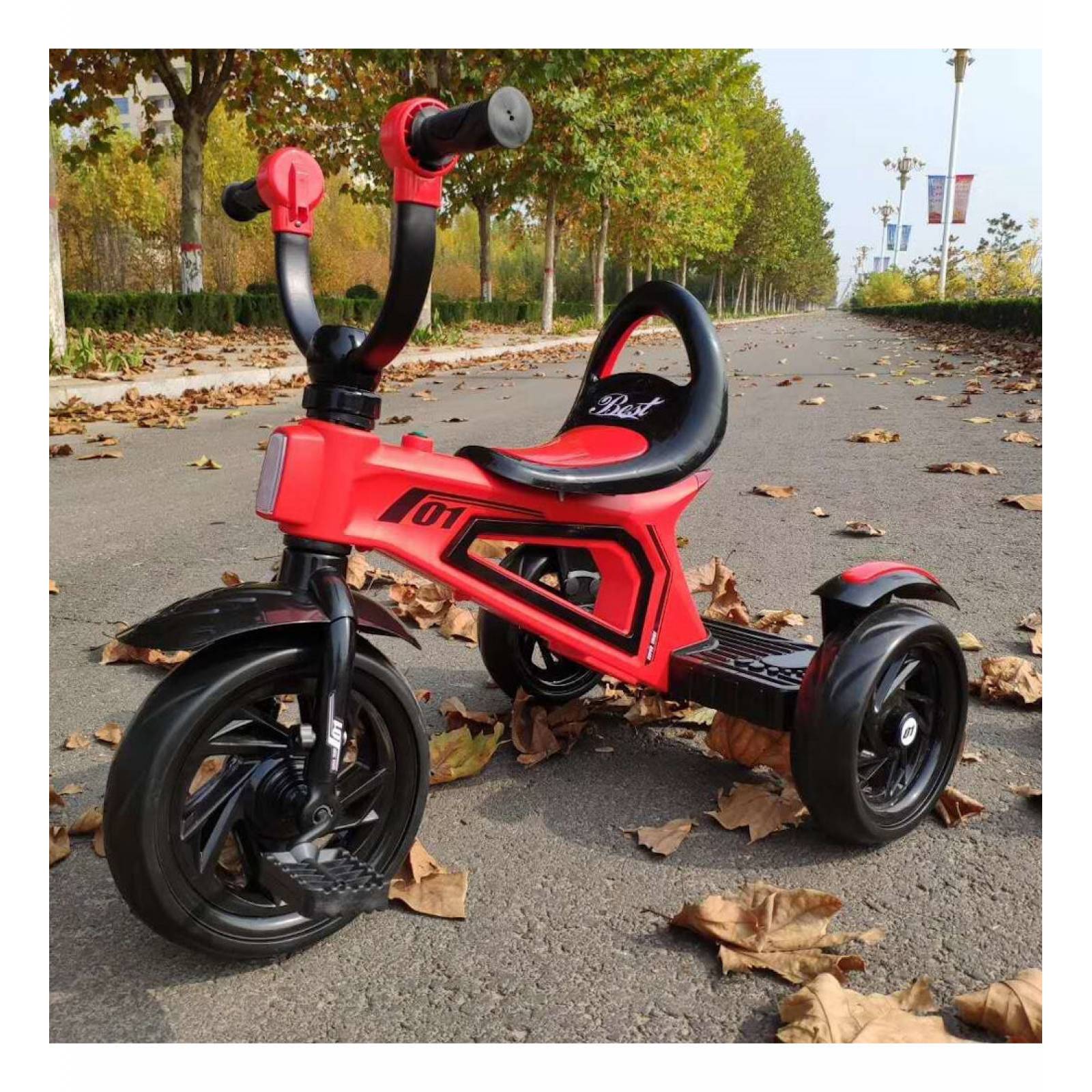 Triciclo Infantil para Niños con Luz y Sonido Llantas de Goma - Rojo