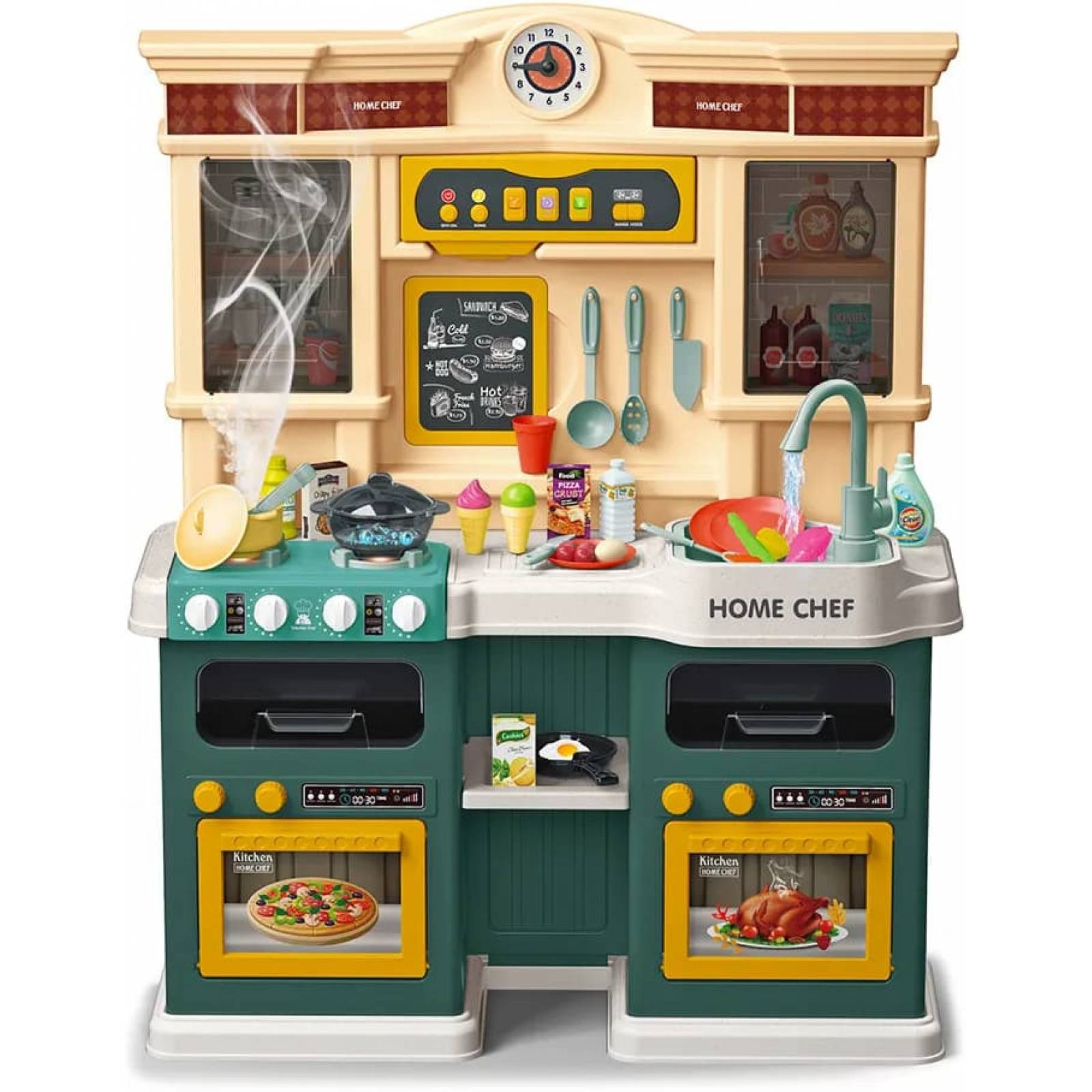 Cocina de Juguete para Niños 85pz Sonido,Agua,Vapor,Luz,Micro Hornito - Verde