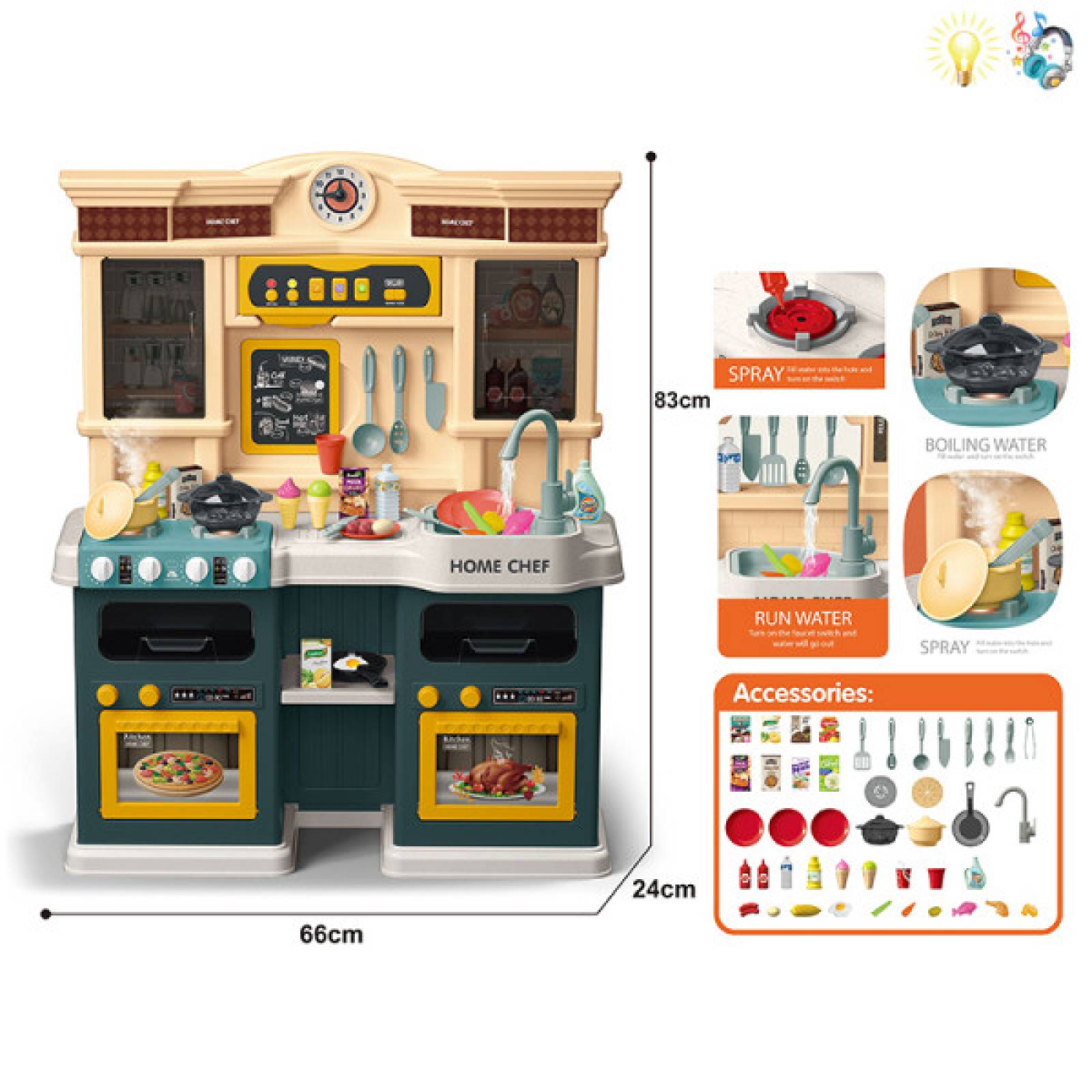 Cocina de Juguete para Niños 85pz Sonido,Agua,Vapor,Luz,Micro Hornito - Verde