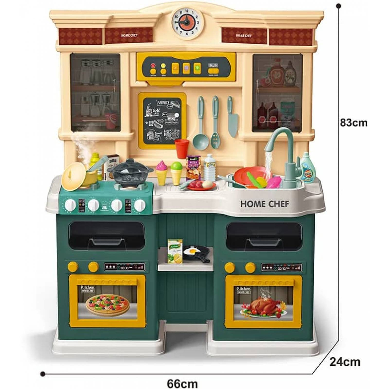 Cocina de Juguete para Niños 85pz Sonido,Agua,Vapor,Luz,Micro Hornito - Verde