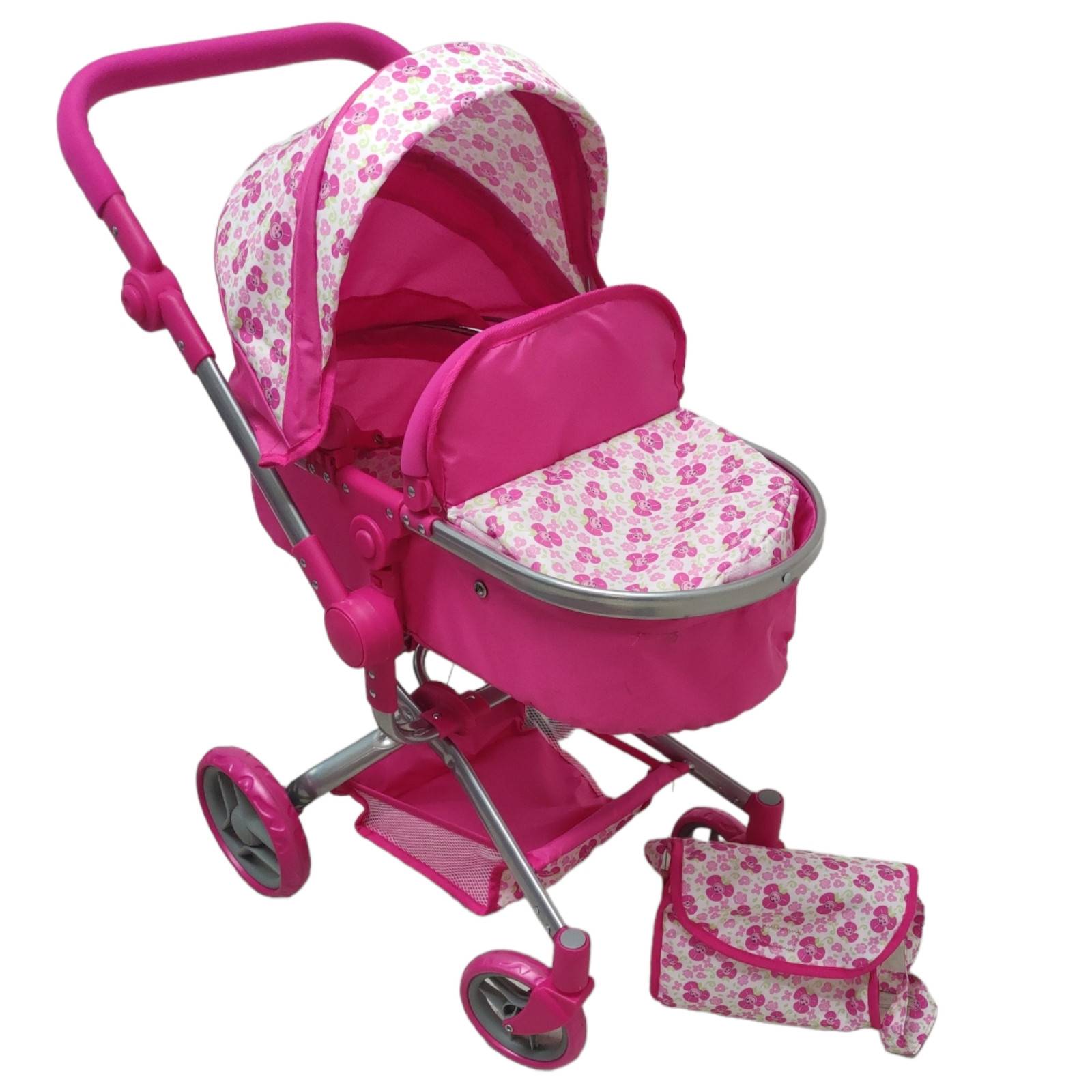 Carriola para Muñecas de Lujo Reversible,Bambineto con Toldo  - Rosa.