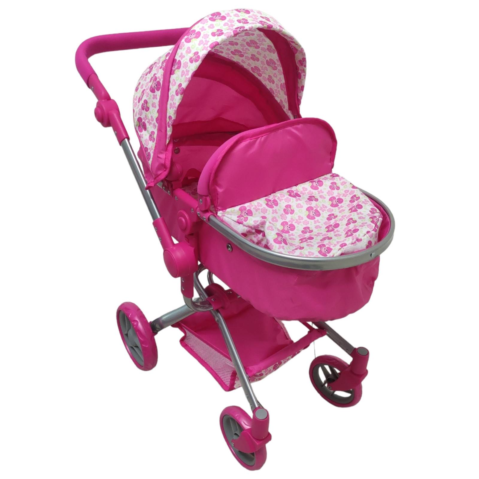 Carriola para Muñecas de Lujo Reversible,Bambineto con Toldo  - Rosa.