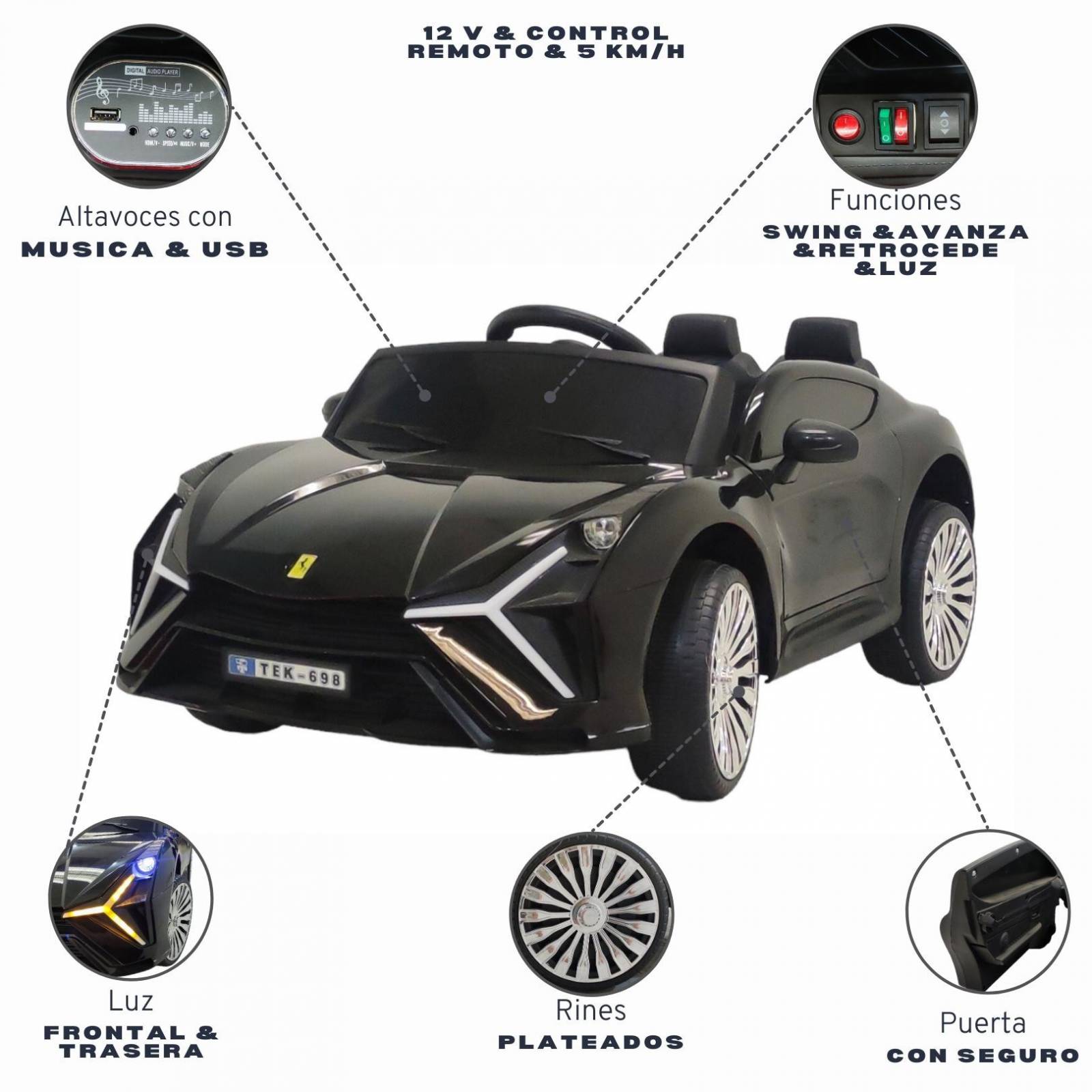 Carro electrico para niños con Control Remoto 12V Negro Lambo  - Negro