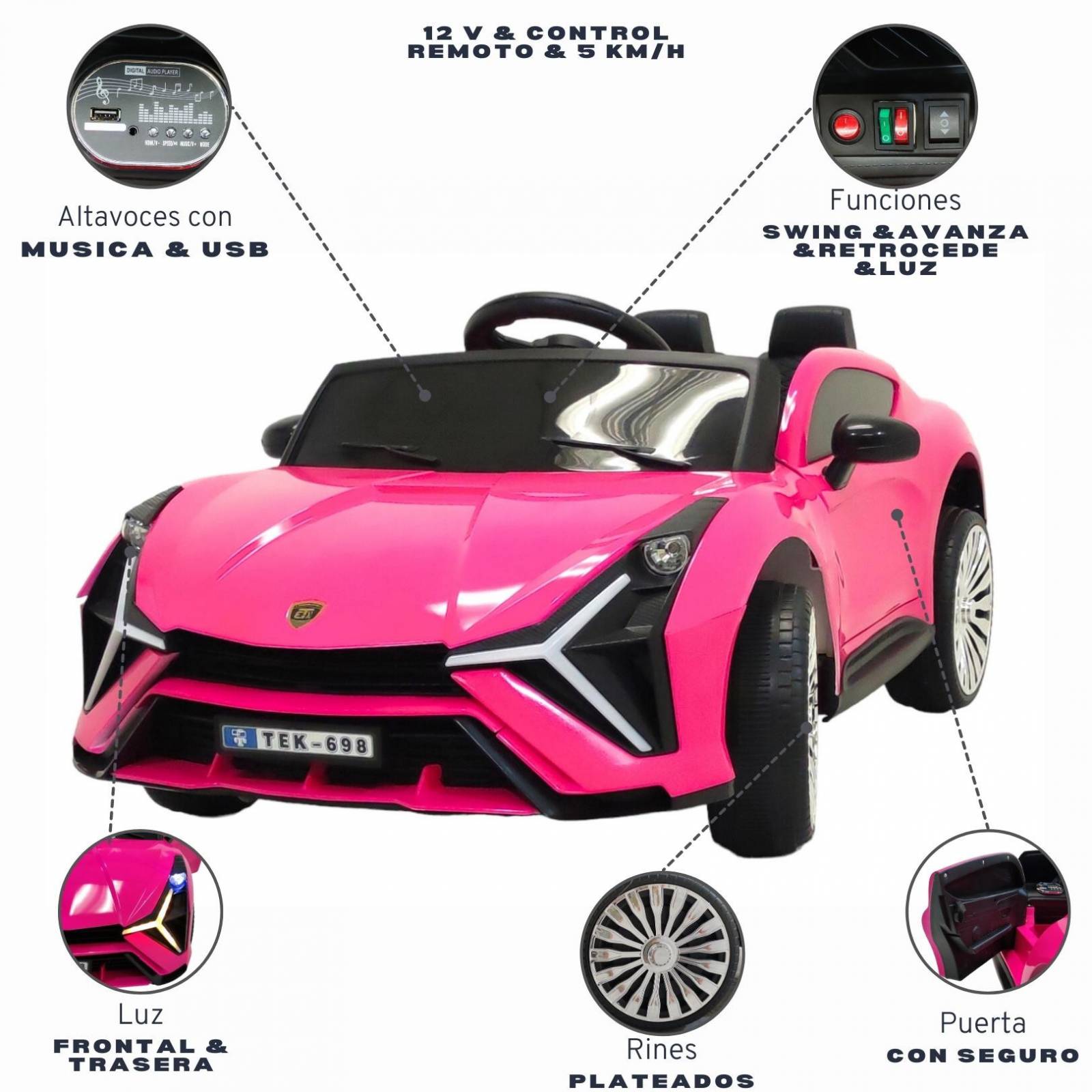 Carro electrico para niños con Control Remoto 12V Rosa Lambo  - Rosa