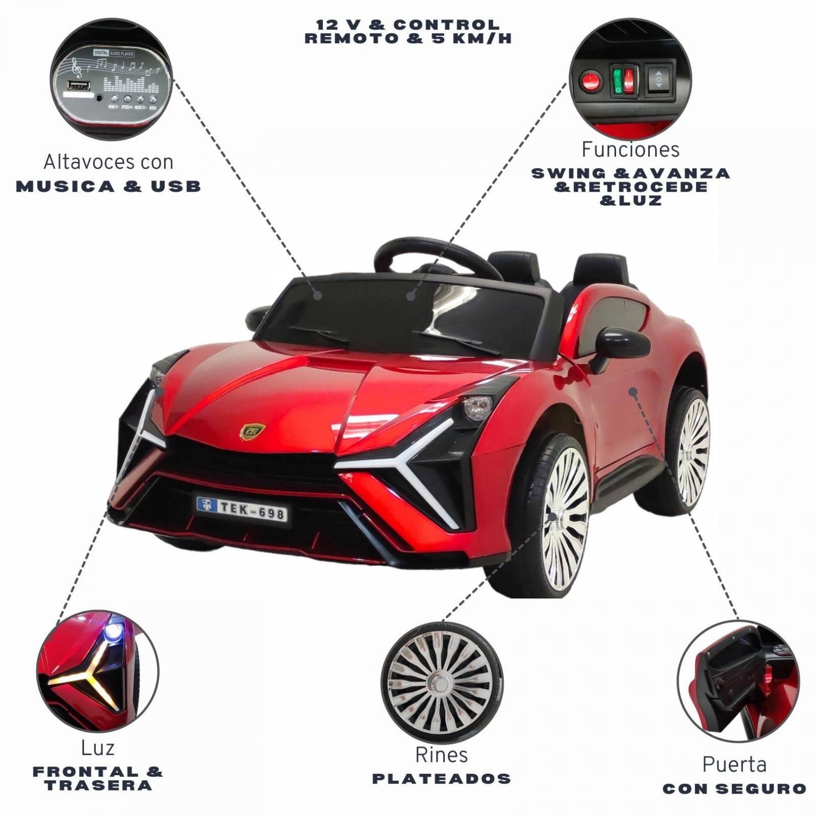 Carro electrico para niños con Control Remoto 12V Rojo Lambo  - Rojo