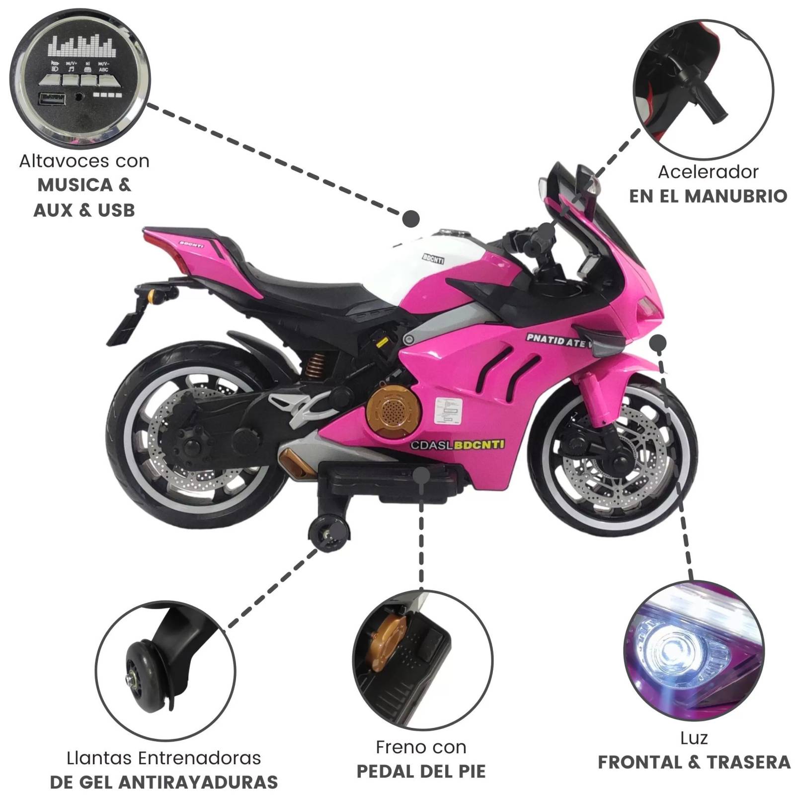 Motocicleta Montable Electrica Sonido Luz LED 12v Rosa  - Rosa