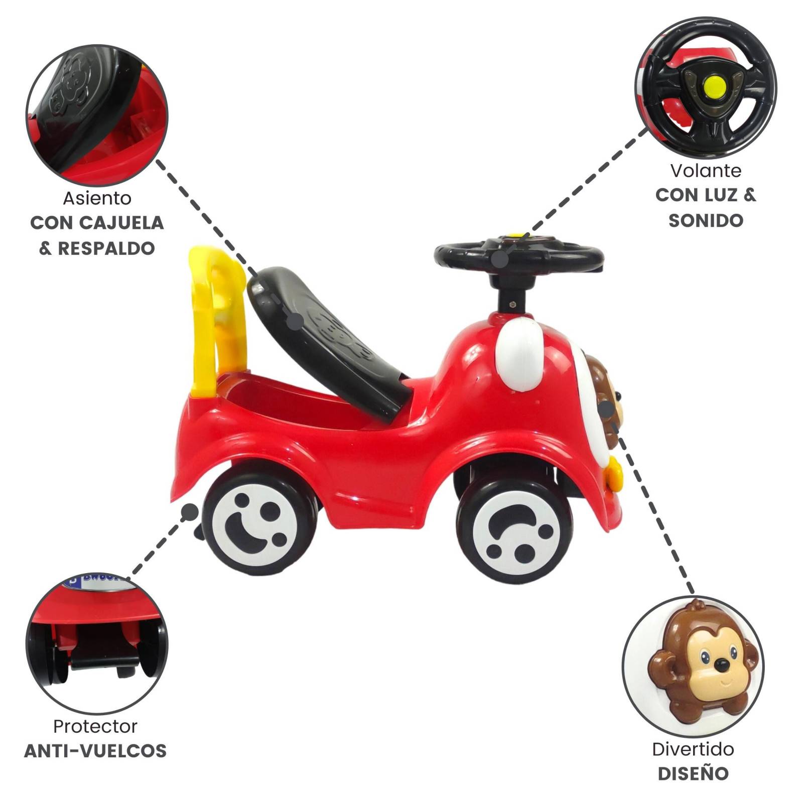 Montable Correpasillos con Sonido,Luz,Cajuela Chango Rojo - Rojo