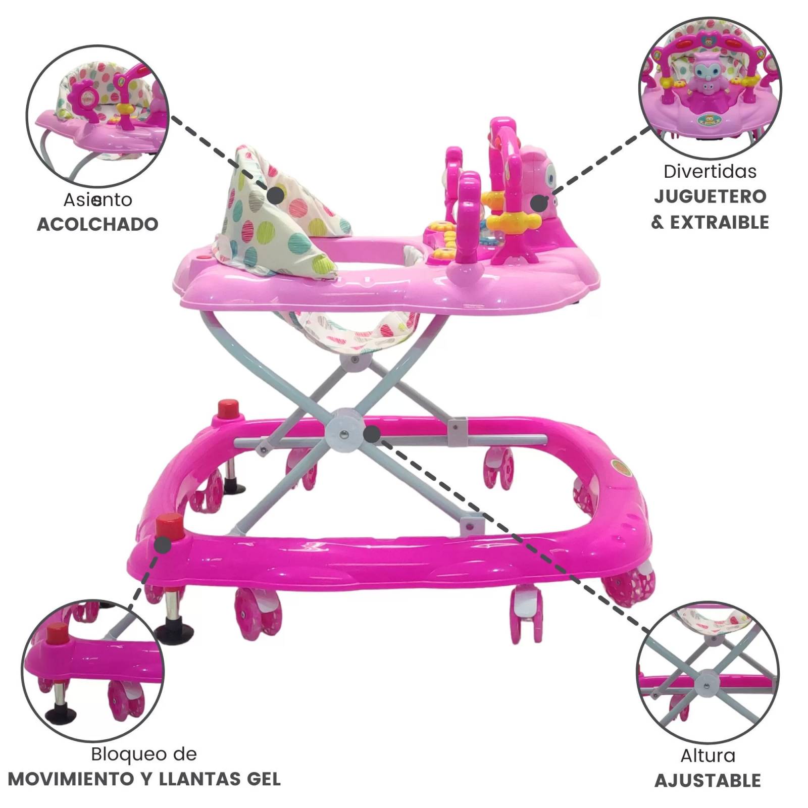 Andadera para Bebe Plegable,Musical,Llantas Gel,Buho - Rosa