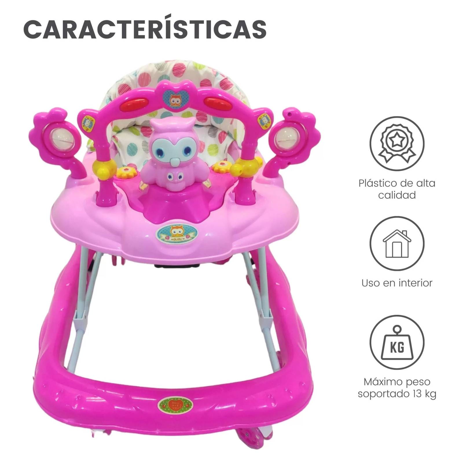 Andadera para Bebe Plegable,Musical,Llantas Gel,Buho - Rosa
