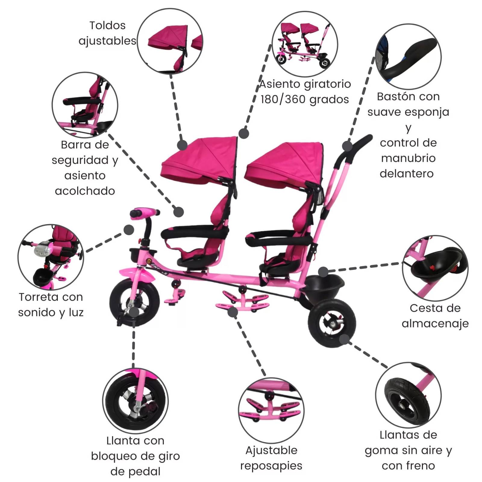 Triciclo para Niños Gemelar Doble Giratorio 360,Luz,Sonido  - Rosa.