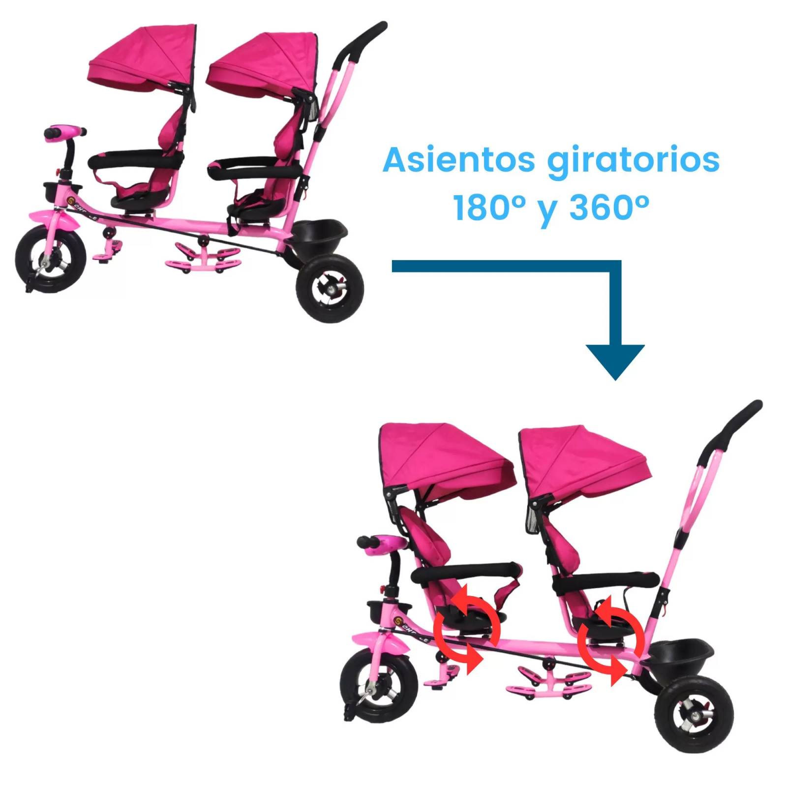 Triciclo para Niños Gemelar Doble Giratorio 360,Luz,Sonido  - Rosa.