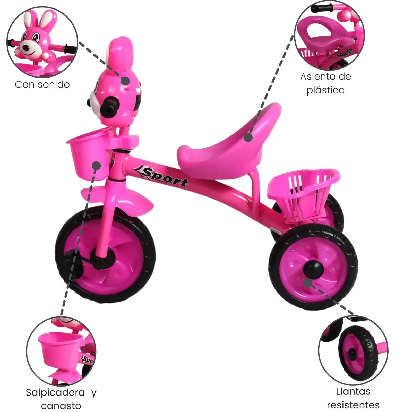Triciclo para Niños Infantil con Canasto con Luz y Sonido Conejo  - Rosa.
